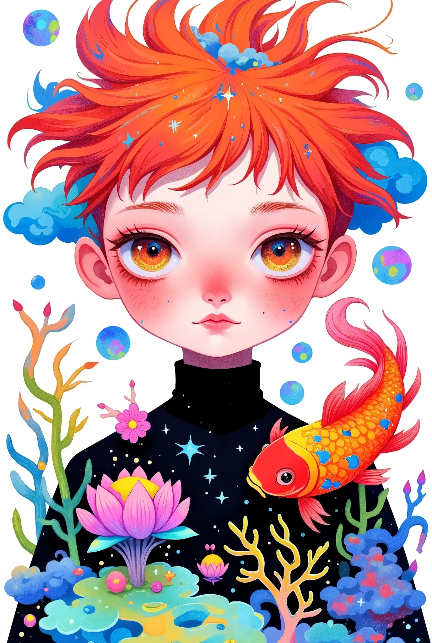  cute boy portrait， big round eyes 。red short hair，Spiky hair。 black clothes。Holding a koi，fish🐟，Colored coral。Flowers。 Simple and clean background 。blue clouds 。Color bubbles。Layered Art