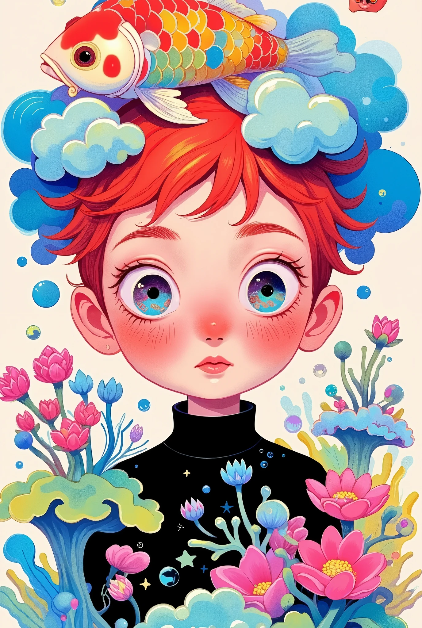  cute boy portrait， big round eyes 。red short hair，Spiky hair。 black clothes。Holding a koi，fish🐟，Colored coral。Flowers。 Simple and clean background 。blue clouds 。Color bubbles。Layered Art