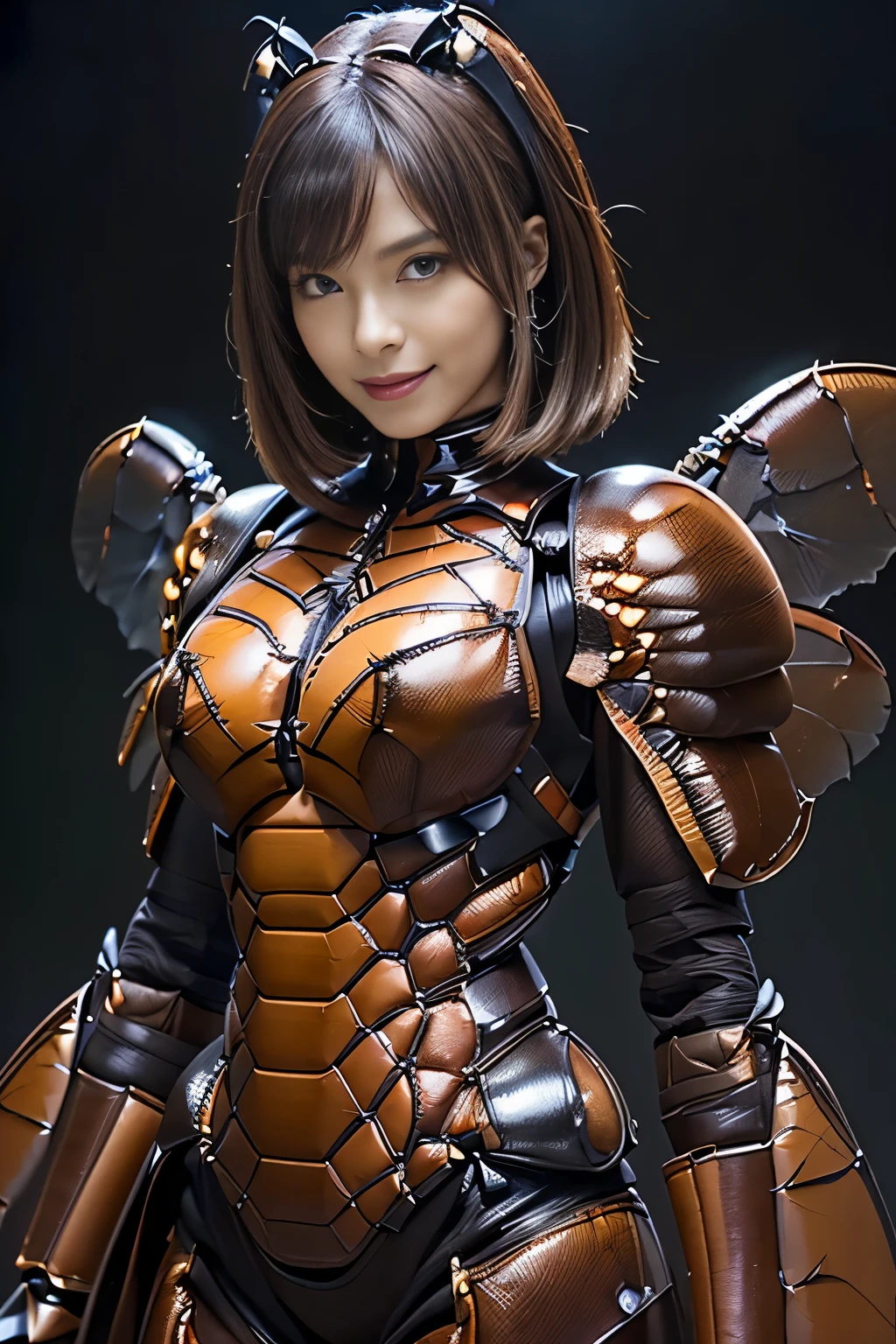 (high resolution,masterpiece,best quality,extremely detailed CG, anime, official art:1.4), realistic, photo, amazing fine details, all intricate, gloss and shiny,awesome many layers, 8k wall paper, 3d, sketch, kawaii, illustration,( solo:1.4), perfect female proportion,villainess, (fusion of dark brown cockroach and lady:1.4), (brown cockroach form lady:1.2), (brown cockroach lady:1.2), (fusion:1.2), (solo:1.4), (evil smile:1.2), muscular, abs, (cockroach brown exoskeleton bio insect suit:1.4), (cockroach brown exoskeleton bio insect armor:1.2), (brown transparency cockroach wing:1.4), (brown cockroach antennae:1.3),