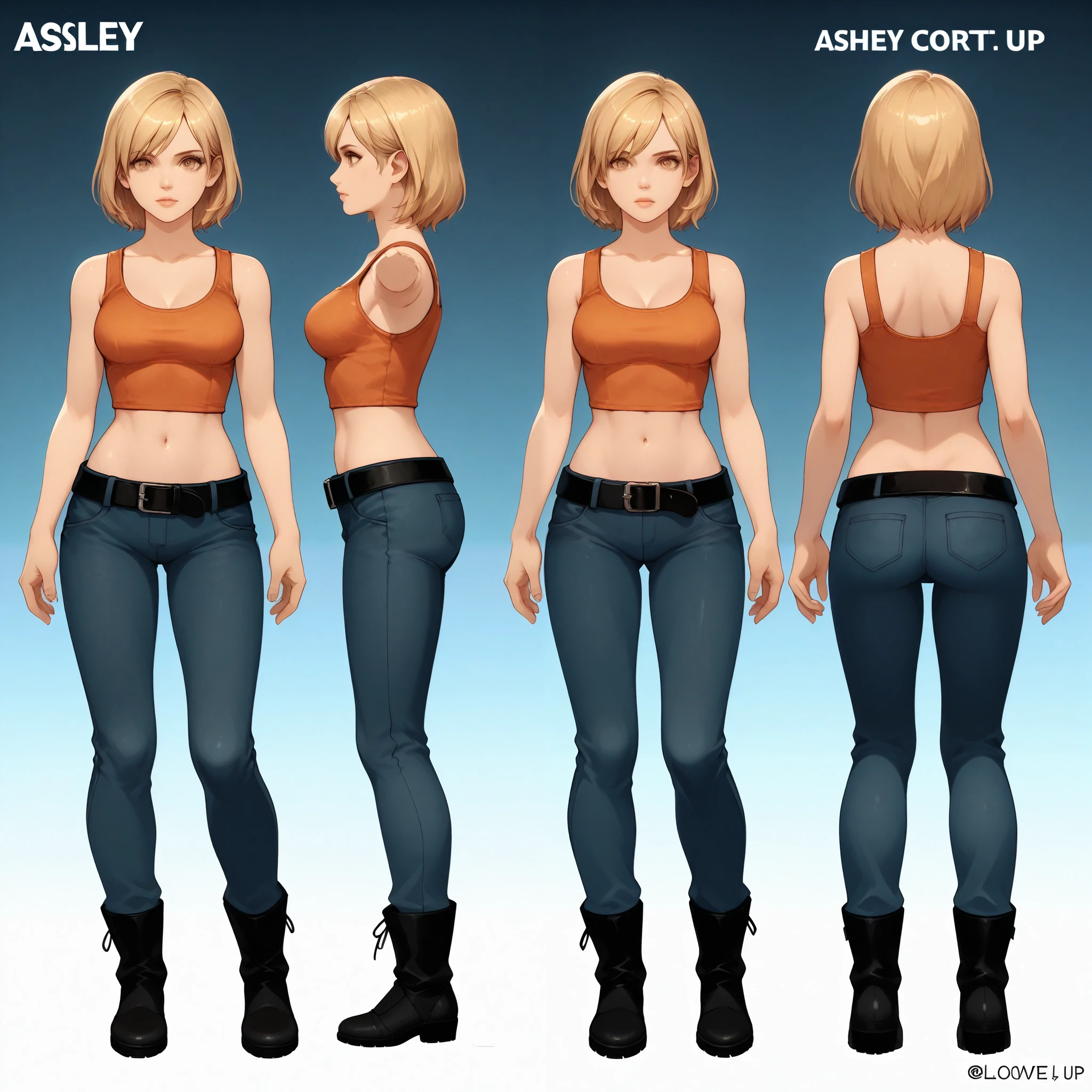 Anime concept art, dark fantasy, anime model sheet, character concept, multiple views, (side, front and back views), Ashley graham, Ashley Graham from resident evil 4, cute, Ashley's sexy outfit, thin waist, medium breasts, ultra skimpy, loose belt, lovely pose, back view, full body view, fullbody overview, resident evil 4 concept art