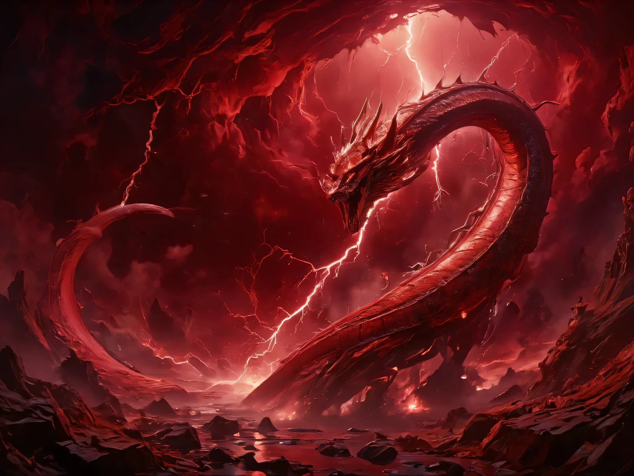 All forms of disaster are heavenly punishments, A dragon-shaped lightning bolt descends from the sky, sharp, realistic, Kirin dragon, The sky is red