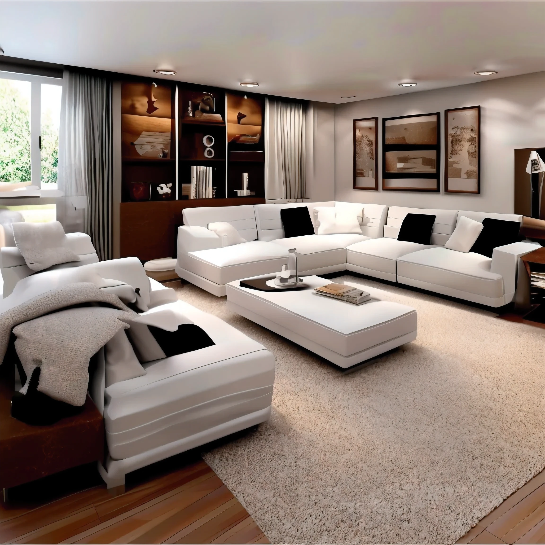 (high quality), best quality, real,(realistic), ultra detailed, ultra realistic, (full detail), one simple living room, enlightened living room, white sofa in the middle, light decoration, carpet, targeted on the sofa, classic - amazing