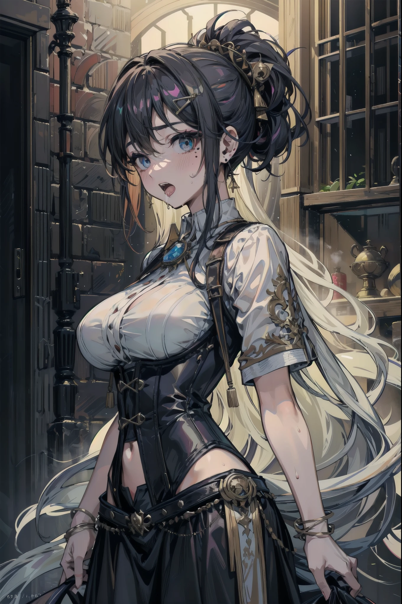 25 year old human girl with Mediterranean features, very long black hair, has super gigantic breasts, slim body, torn blouse that can't contain her breasts, torn black pleated miniskirt, has a slave collar, behind is a man who she gropes her breast, each breast is tied with ropes, chained to a wall