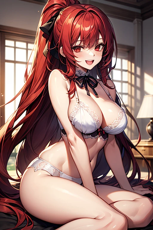 Wolf Woman, Big Breasts, Voluminous light red hair, One girl, masterpiece , Red eyes、Double teeth、tooth、Blushed cheeks、 hd, Head to Chest, buried in my chest、Underbust、Cleavage、Frilled bikini、Big Tits、Open your mouth wide、Grin、White Iris、