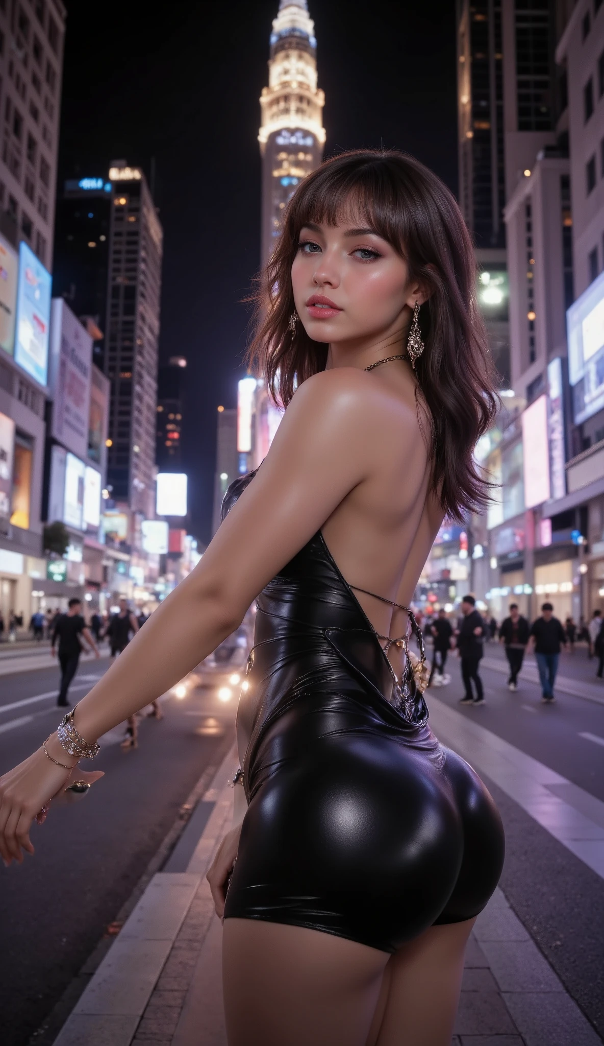 She's a model in a photoshoot, deep v neckline, set the scenario in Las Vegas Strip in the middle of the night, dynamic model pose, kept his normal height, big breasts, add some luxury accesories around, she's doing a photoshoot so her poses should change in every image, she's being sexy and seductive to the camera, keep the same hair and face details of the LoRA, mid body shot, happy, smile, her hair is black, she is looking to her back