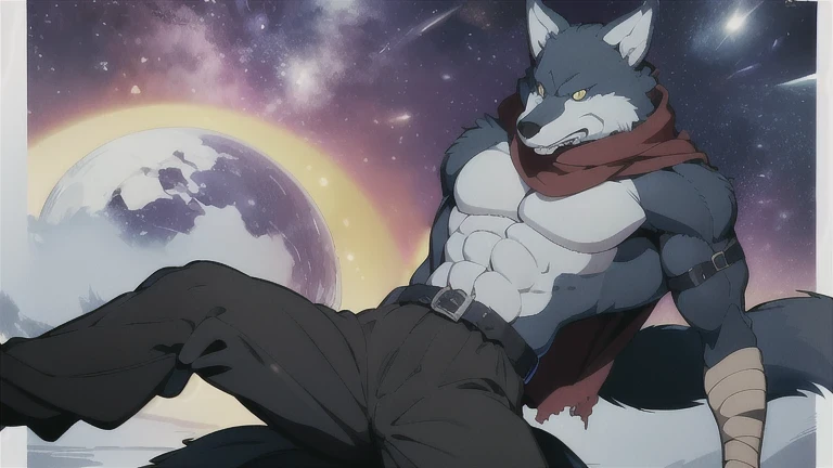 Bergamo  _.,   posing for the camera  , Presume. 4k,   High resolution,   the best quality  ,  published in e621 , Alone,   anthropogenic body  ,  man , ,  man , (Correcting the muscles  ,   detailed muscles  ,   very muscular, broad chest, pectorals, biceped:1.1),   correct anatomy  ,   correct proportions, Anatomy of the Taran  ,, (Space clouds, galaxy, stars:1.0), (by WFA, por taran fiddler:1.0), (by black:0.8), (shaded cell:1.2),  cartoon shading, trustworthy , strong, (Long wolf tail :1.0), (pantalones,  belt:1.1), ( half black :1.2), (Detailed Bergamo  _Eyes of .:1.1), pose strong,   looking at the camera  , scarf, pose strong,   bare chest intense colors,   yellow eyes  ,   fluffy wolf tail   , posture lying down  ,   legs extended , pose sexual