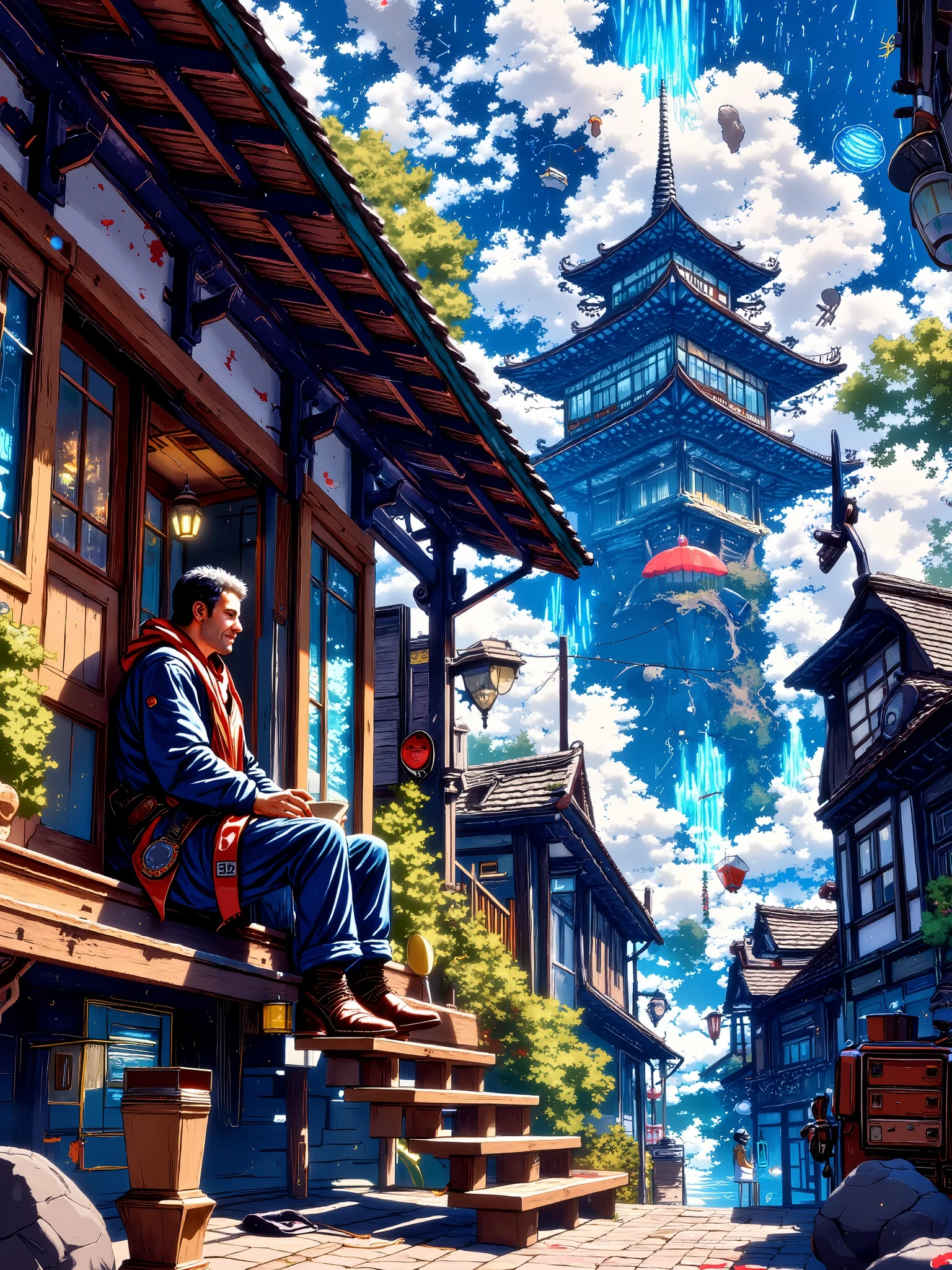 "A man sits on the porch of a traditional Japanese house, sipping tea while watching the rain fall. A motorcycle parked nearby suggests he's a traveler."
Tranquility in solitude:
"Peaceful afternoon in a Japanese village. A lone man enjoys his tea, contemplating life in the gentle rain."
The traveler's rest:
"After a long ride, a motorcyclist pauses to enjoy the simple pleasures of tea and the sound of rain."
Nostalgic escape:
"A rainy day in a Japanese town evokes a sense of nostalgia and longing for simpler times."
Artistic interpretation:
"A digital painting inspired by Japanese anime aesthetics, capturing a moment of quiet reflection."
You can also add specifics like:
Time of day: "Early morning mist" or "Golden hour sunlight"
Weather: "Light drizzle" or "Heavy downpour"
Emotions: "Contemplative expression" or "Content smile"
Details: "Steam rising from the teacup" or "Rainwater dripping from the eaves"