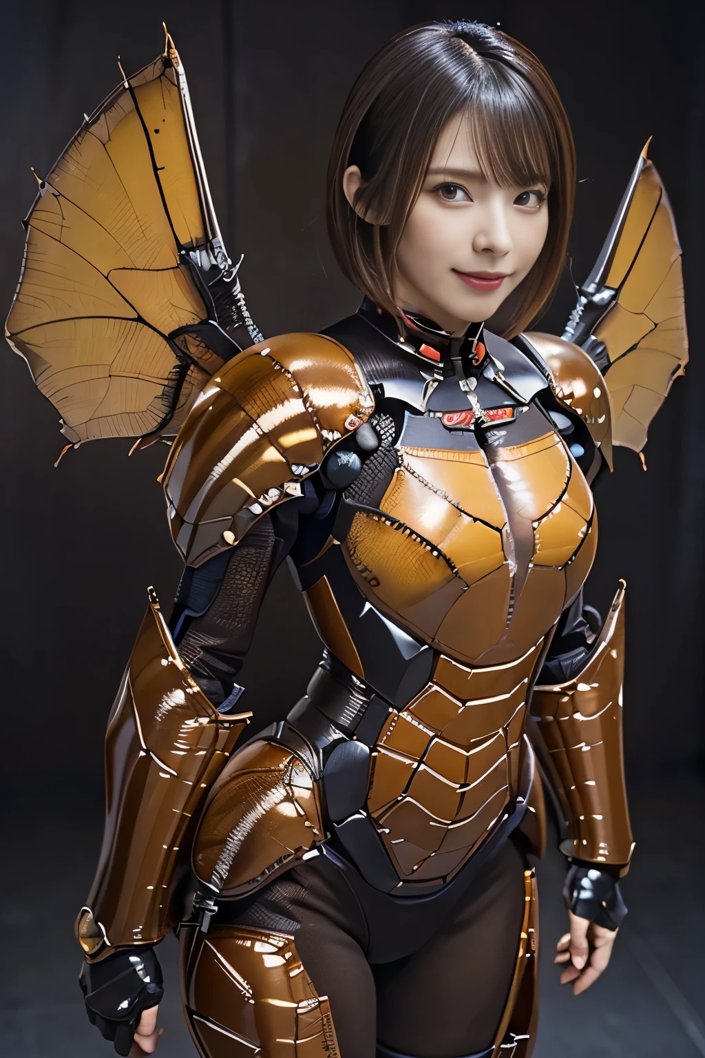 (high resolution,masterpiece,best quality,extremely detailed CG, anime, official art:1.4), realistic, photo, amazing fine details, all intricate, gloss and shiny,awesome many layers, 8k wall paper, 3d, sketch, kawaii, illustration,( solo:1.4), perfect female proportion,villainess, (fusion of dark brown cockroach and lady:1.4), (brown cockroach form lady:1.2), (brown cockroach lady:1.2), (fusion:1.2), (solo:1.4), (evil smile:1.2), muscular, abs, (cockroach brown exoskeleton bio insect suit:1.4), (cockroach brown exoskeleton bio insect armor:1.2), (brown transparency cockroach wing:1.4), (brown cockroach antennae:1.3),