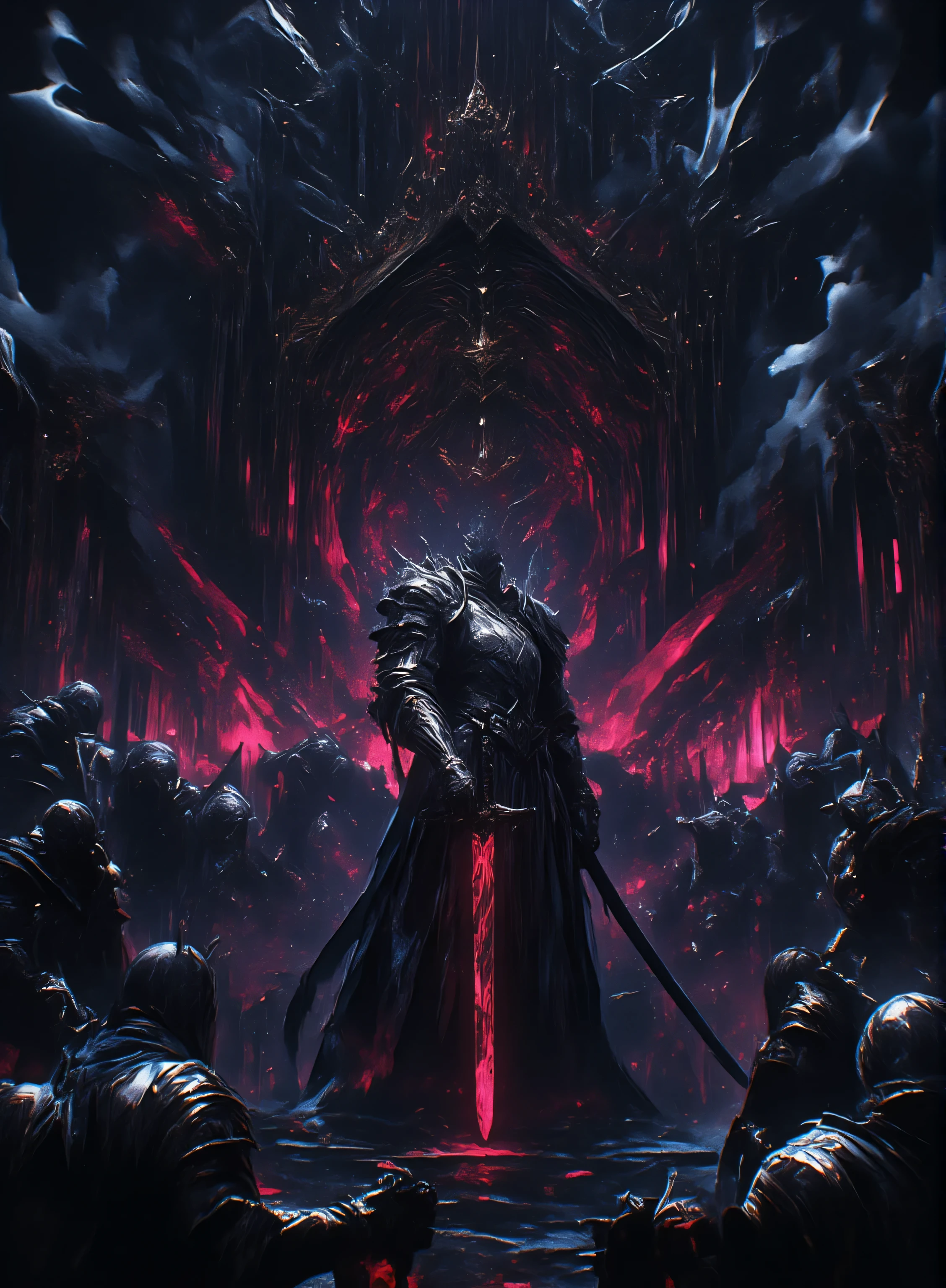 Masterpiece, High Quality, High Definition , High Resolution, High Sensitivity, Depth, 16k, Ultra Fine, Hyper-reality, Digital Painting, Neon Color dark fantasy, knight standing before throne with sword on shoulder, king of shadows, many shadow soldiers kneeling, surrounded by black smoke, slender style, gothic knight, evil knight, all covered in shadows, fantasy knight, dark souls, black plate armor Black plate armor, partially luminous blue-white armor, red and black glowing sword, heavily armored with red cloak, black armor with red decoration, helmet with red feather decoration, dynamic angles,