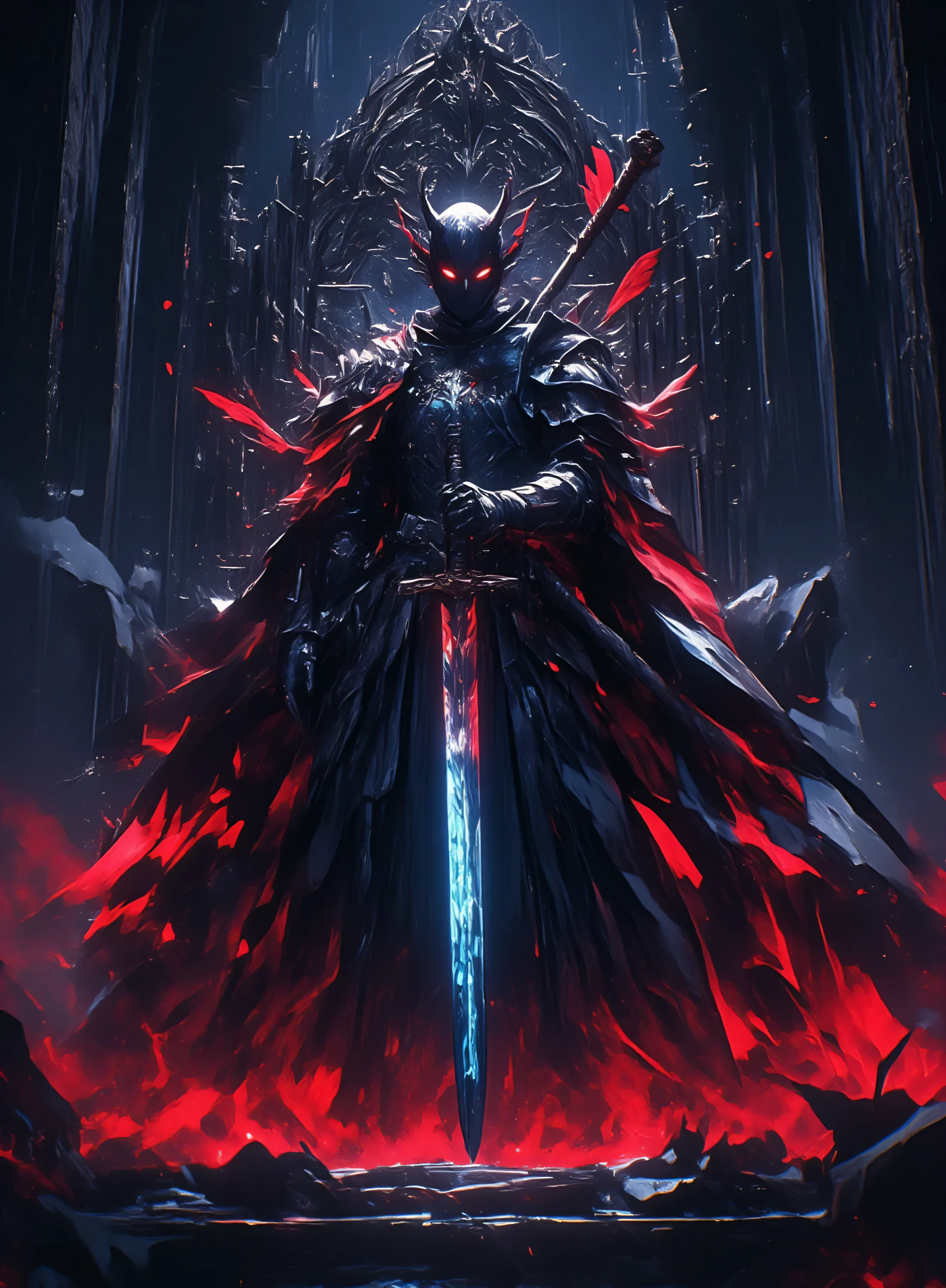 Masterpiece, High Quality, High Definition , High Resolution, High Sensitivity, Depth, 16k, Ultra Fine, Hyper-reality, Digital Painting, Neon Color Dark fantasy, knight standing in front of throne with sword on his shoulder, shadow knight, covered in black smoke, slender style, gothic knight, evil knight, full body covered in shadow, fantasy knight, dark souls, black plate armor, partially luminous blue-white armor, red and black glowing sword, heavily armored with red cloak, black armor with red decoration, helmet with red feather decoration,
