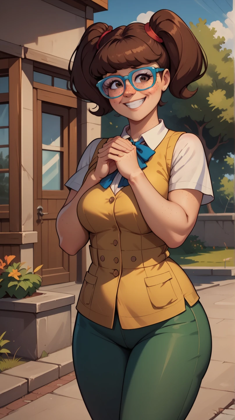 score_9, score_8_up, score_7_up, BREAK, madelyn, brown hair, twintails, glasses, blue framed glasses,white shirt, collared shirt, yellow vest, short sleeves, green pants, perfectly round breasts, wide hips, beautiful, sexy, cute, medium breasts, , looking, outdoors, smiling, shy, freckles, brown eyes, hands together, chubby,