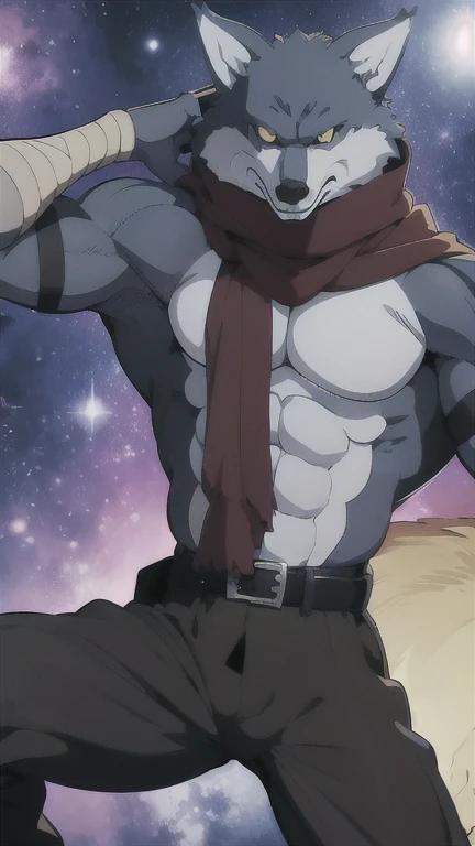 Bergamo  _.,   posing for the camera  , Presume. 4k,   High resolution,   the best quality  ,  published in e621 , Alone,   anthropogenic body  ,  man , ,  man , (Correcting the muscles  ,   detailed muscles  ,   very muscular, broad chest, pectorals, biceped:1.1),   correct anatomy  ,   correct proportions, Anatomy of the Taran  ,, (Space clouds, galaxy, stars:1.0), (by WFA, por taran fiddler:1.0), (by black:0.8), (shaded cell:1.2),  cartoon shading, trustworthy , strong, (Long wolf tail :1.0), (pantalones,  belt:1.1), ( half black :1.2), (Detailed Bergamo  _Eyes of .:1.1), pose strong,   looking at the camera  , scarf, pose strong,   bare chest intense colors,   yellow eyes  ,   fluffy wolf tail   , posture lying down  ,   legs extended , pose sexual