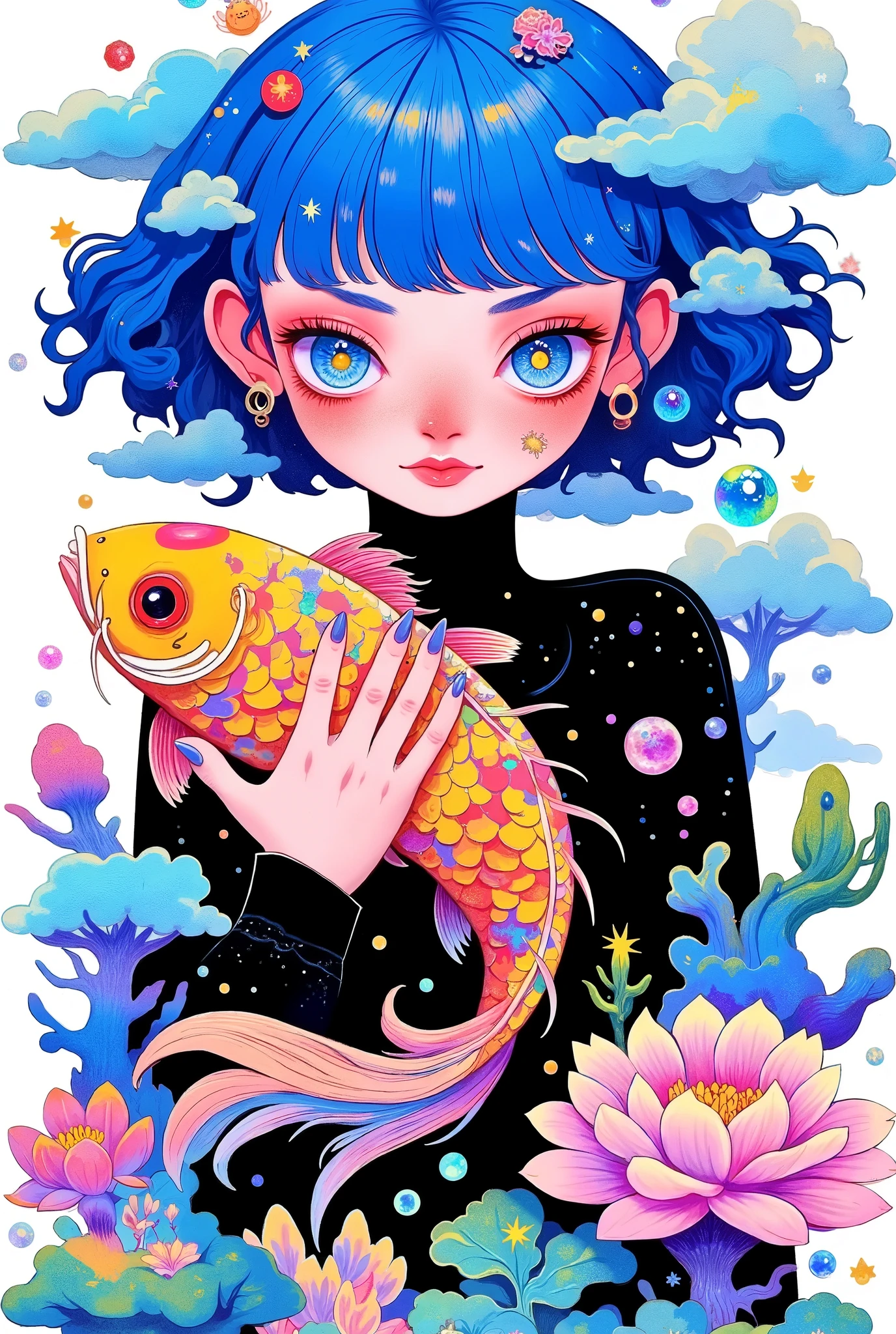 portrait， big round eyes 。 blue hair。 black clothes。Holding a koi，fish🐟，Colored coral。Flowers。 Simple and clean background 。blue clouds 。Color bubbles。Layered Art