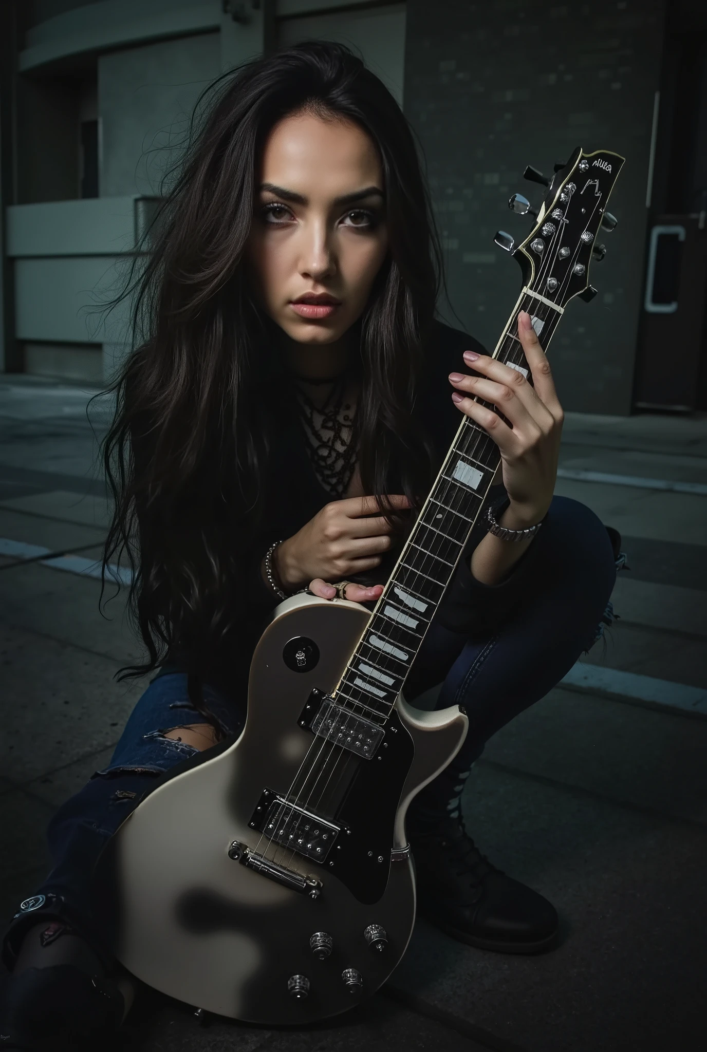 A hot girl, long hair, wearing metalhead clothes , playing guitar. Dark theme.