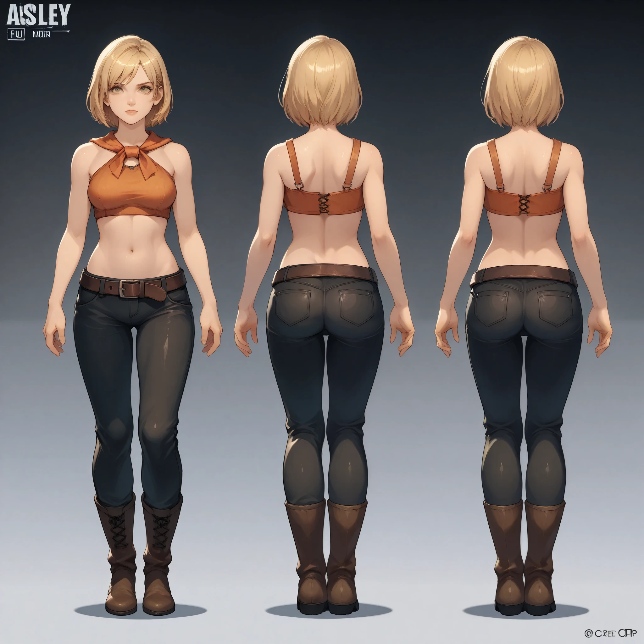 Anime concept art, dark fantasy, anime model sheet, character concept, multiple views, (side, front and back views), Ashley graham, Ashley Graham from resident evil 4, cute, Ashley's sexy outfit, thin waist, medium breasts, ultra skimpy, loose belt, lovely pose, back view, full body view, fullbody overview, resident evil 4 concept art