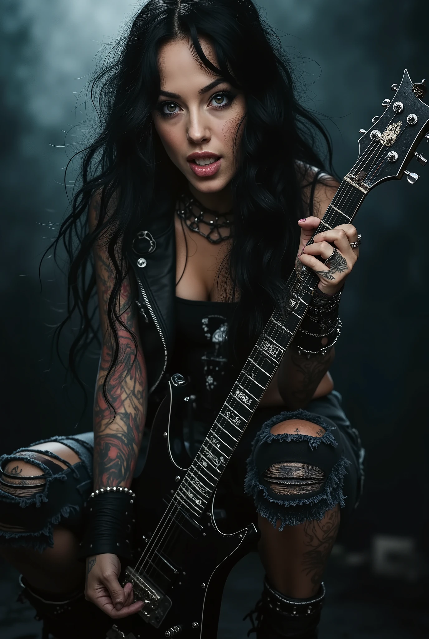 A hot girl, long hair, wearing metalhead clothes , playing guitar. Dark theme.