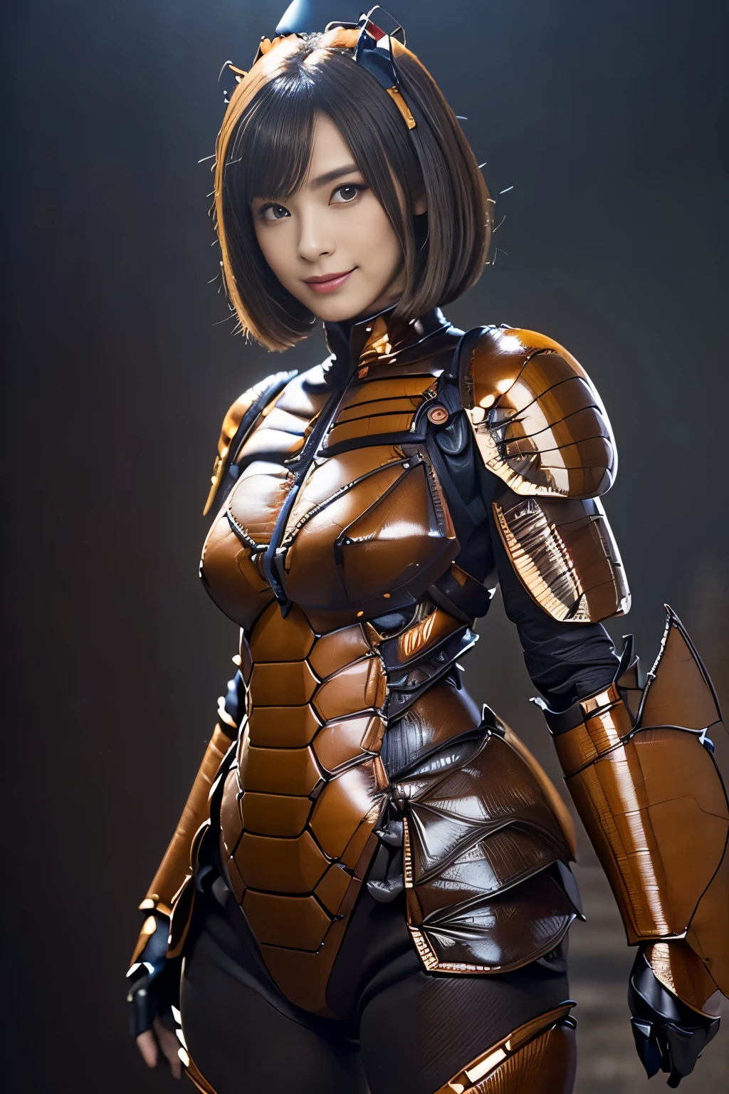 (high resolution,masterpiece,best quality,extremely detailed CG, anime, official art:1.4), realistic, photo, amazing fine details, all intricate, gloss and shiny,awesome many layers, 8k wall paper, 3d, sketch, kawaii, illustration,( solo:1.4), perfect female proportion,villainess, (fusion of dark brown cockroach and lady:1.4), (brown cockroach form lady:1.2), (brown cockroach lady:1.2), (fusion:1.2), (solo:1.4), (evil smile:1.2), muscular, abs, (cockroach brown exoskeleton bio insect suit:1.4), (cockroach brown exoskeleton bio insect armor:1.2), (brown transparency cockroach wing:1.4), (brown cockroach antennae:1.3),