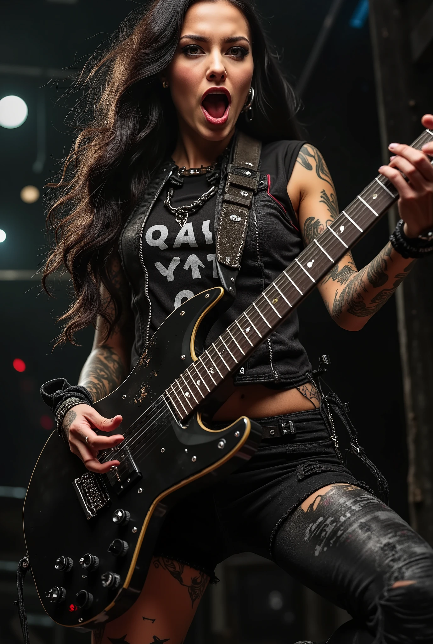 A hot girl, long hair, wearing metalhead clothes , playing guitar. Dark theme.