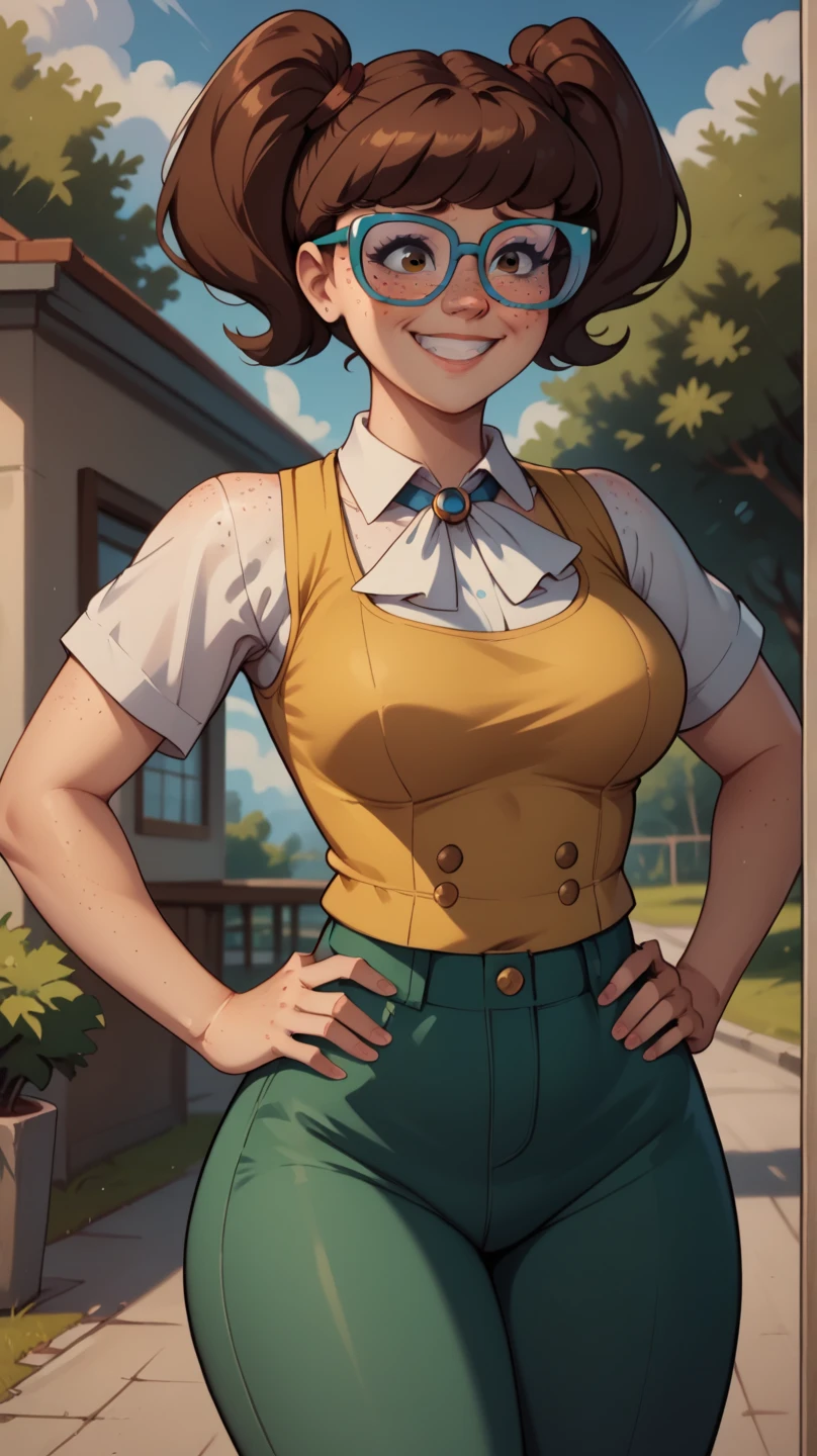 score_9, score_8_up, score_7_up, BREAK, madelyn, brown hair, twintails, glasses, blue framed glasses,white shirt, collared shirt, yellow vest, short sleeves, green pants, perfectly round breasts, wide hips, beautiful, sexy, cute, medium breasts, , looking, outdoors, smiling, shy, freckles, brown eyes, hands on hips, chubby,