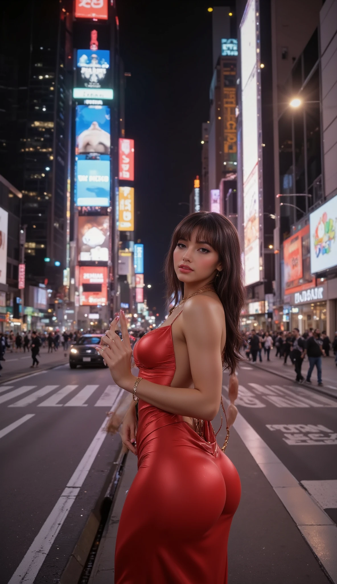 She's a model in a photoshoot, deep v neckline, set the scenario in the main street of Times Square at New York City in the middle of the night, dynamic model pose, kept his normal height, big breasts, add some luxury accesories around, she's doing a photoshoot so her poses should be sexy and change in every image, she's being sexy and seductive to the camera, keep the same hair and face details of the LoRA, mid body shot, happy, smile, her hair is black, she is looking to her back