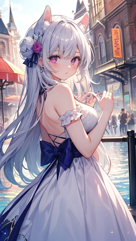 1 girl, , Dynamic posing, dynamic angle, Arrange pose,Top quality work,Show Legs,(long white hair),(blue eyes), Rose cheeks, Pretty Face, A perfectly proportioned face, simple grey mini dress, tokyo street, round small breasts