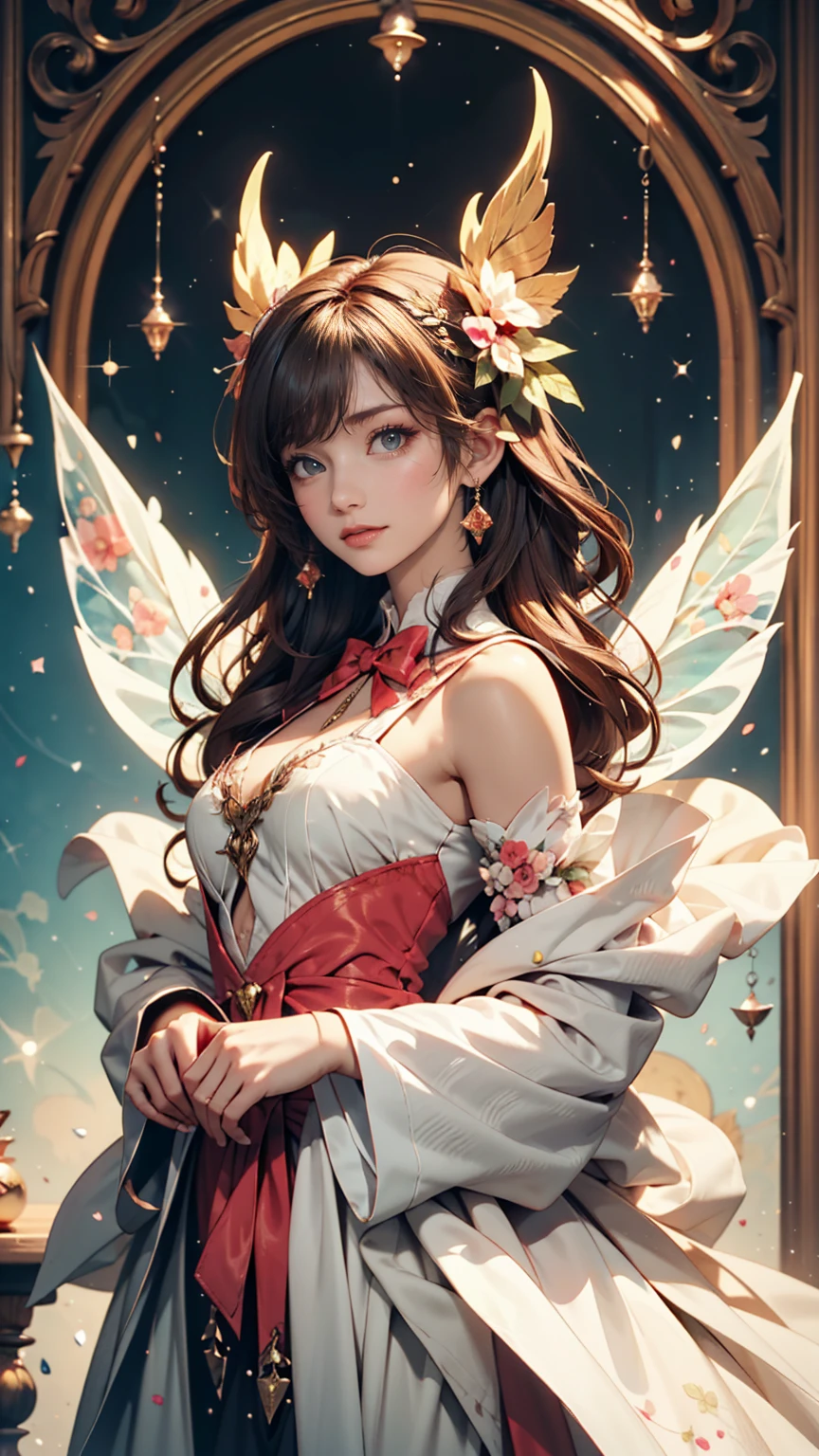 (Gorgeous painting, masterpiece) [ (red dress, white dress) :(1.2+1.2) ], (fairy), (mysterious charm), (dark background)*(0.8), (cosmic background)*(1.2)