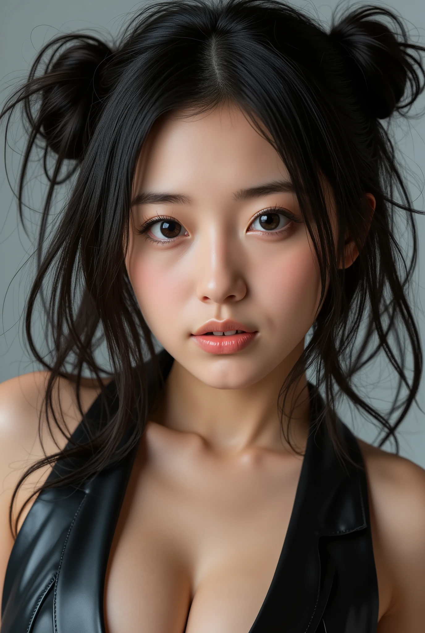 (1girl in), super long hair random , Extremely cute face, (random colors 3color )Amazing face and eyes, (Highly detailed eyes, Highly detailed face), fresh, Very clean appearance, (Hyper- realistic , hight resolution), (Best Quality:1.4), (hyper quality), puffy Authentic skin texture, Raw photo, ( realistic , Photo realistic :1.37), Highly detailed, Professional 32k sexy female models , Huge breasts, eyes, twintails nlack hair High resolution , Upper body, No background, Studio Lightning ,highest quality、masterpiece、Ultra-high resolution、RAW Photos、( realistic :1.4)、1 Girl、very cute、 Adorable、 Shiny Dress, sexy,(Face without makeup:1.3)、 (Super reflective latex Polarized Paint Dress:1.7)、Very attractive 、(Short ponytail hairstyle:1.6)、The arms are bare skin、Common poses、Precise finger drawing,ラテックス素材のPolarized Paint Dress、Super tight dresses、smile、Real Face without makeup、Full body photo、Beautiful black hair、Hair color is black、round jawline、Full body photo shoot、Japanese Girls、(Super short skirt:1.3)、Polarized Paint Dress、Polarized paint latex、Wide-angle fisheye lens、Idol looking down at the camera、close、Ground to ceiling camera angle、Shot from very low angles、straddling a man in bed、