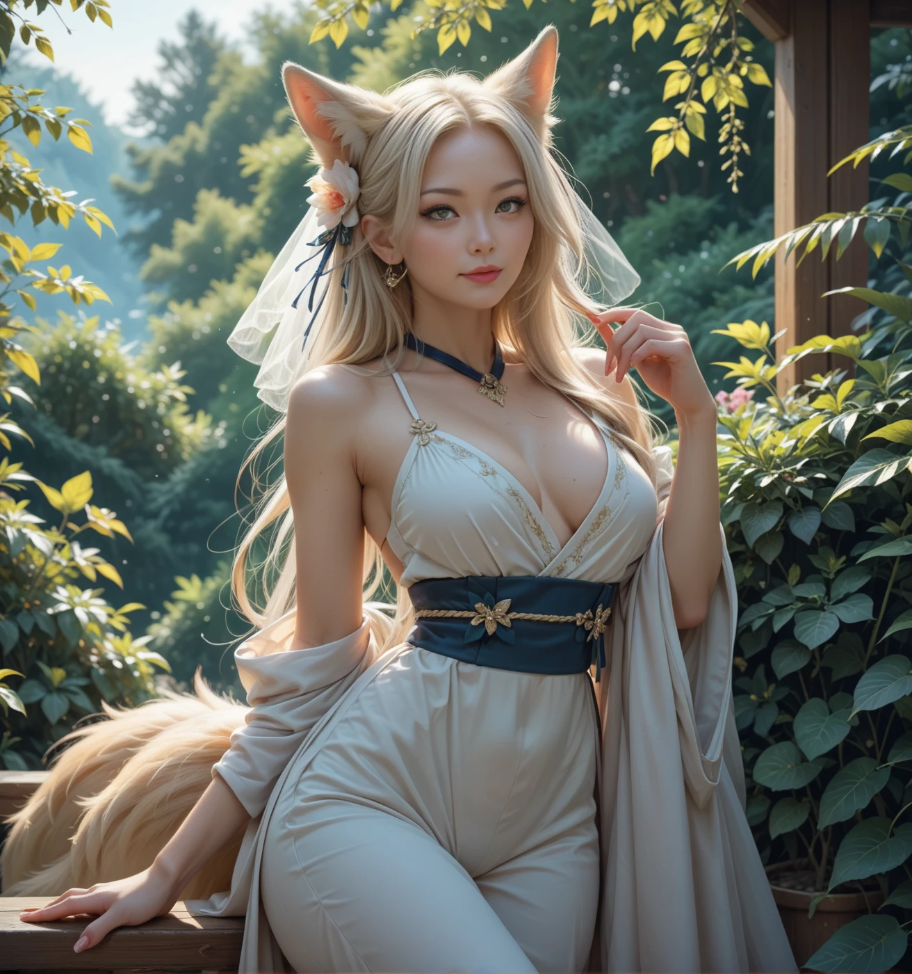 ((highest quality, 32k)), ((masterpiece)), (Get used to it), Perfect Face, Fox Girl, Beautiful woman, public, Has a tail, She has a fox's tail, She wags her fluffy tail, smile, Dog collar, She is wearing a dress, Beautiful hip line, A tail sticking out from the skirt of a dress, Big Ass, Tail on the buttocks