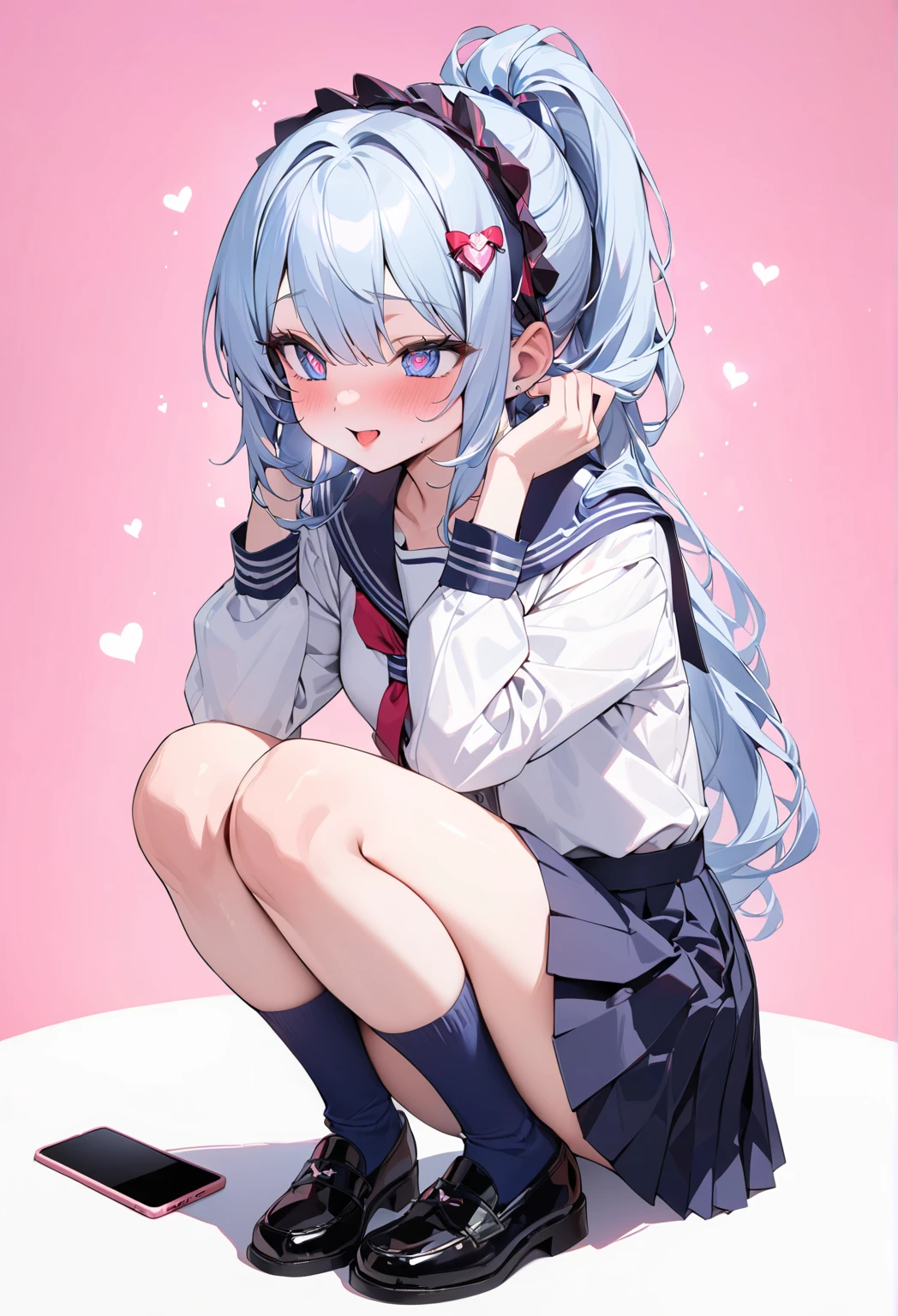 <lora:gura_v1.1-000010:0.9>, gawr gura,gura_student_outfit, 1girl, solo, best quality, masterpiece, highres, looking at viewer, cowboyshot, heart-shaped patch, bandage, knee socks, skirt, staircase, light-blue color scheme, school uniform, white shoes, (solid white background: 1.3), hair ornament, smile, front view