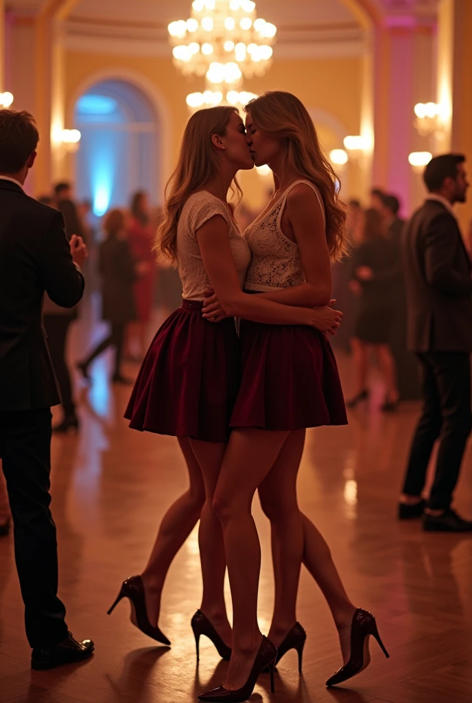 Ukranian woman, 20 years old, Straight light redhead hair combed to the side, tanned with big breasts and ass, very sexy wearing a low-cut white shortstrapless shirt, plissadaskirt, Black pantyhose with and high heels, fullbody photo from the side in a party kissing other girl passionately