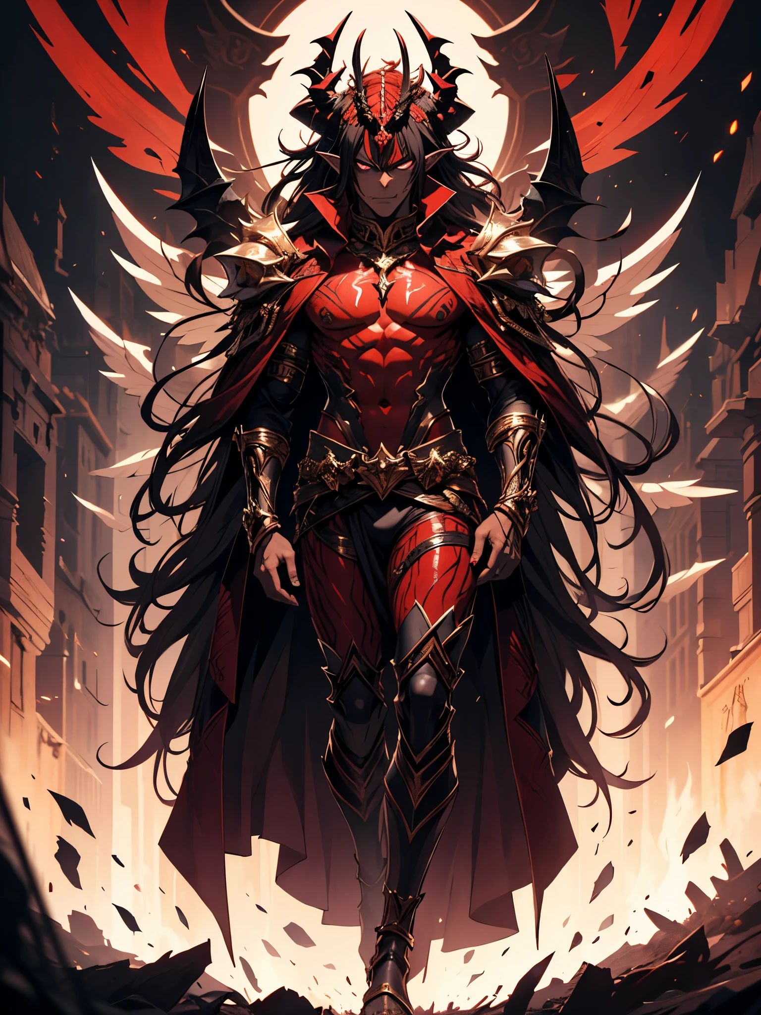Male humanoid demon. height 1,95. full body costume. Underworld God. Diabolical. red skin. red and black body. short black hair . bright purple eyes . detailed eyes . sombrio. with two large horns. big horns. malignant. sharp black nails . Devilish face . bare feet. Diabolical.