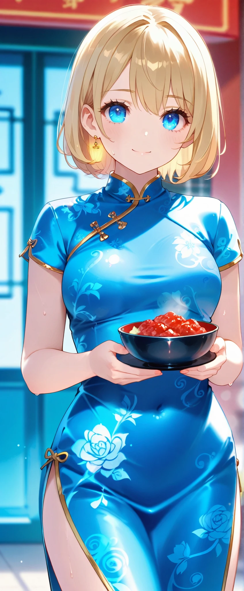 (beautiful girl:1.3),1girl,masterpiece,Ultra-high resolution, rich contrasts,Very high quality,8k,very detailed CG unit wallpaper,Texture,So ridiculous,RAW Photos,Highest quality anime,Depth of written boundary,ultra-detailed eyes,Glowing Skin,Glitter Effect,Beautiful glossy lips,score_9, score_8_up, score_7_up, source_anime, Ashley Graham, 1girl, blond, Alone,(medium-violet-red色のChina dress:1.5),Chinese restaurant,((Carrying food), steam ,sweat,busy,raised eyebrows,smile, open sailor suit 