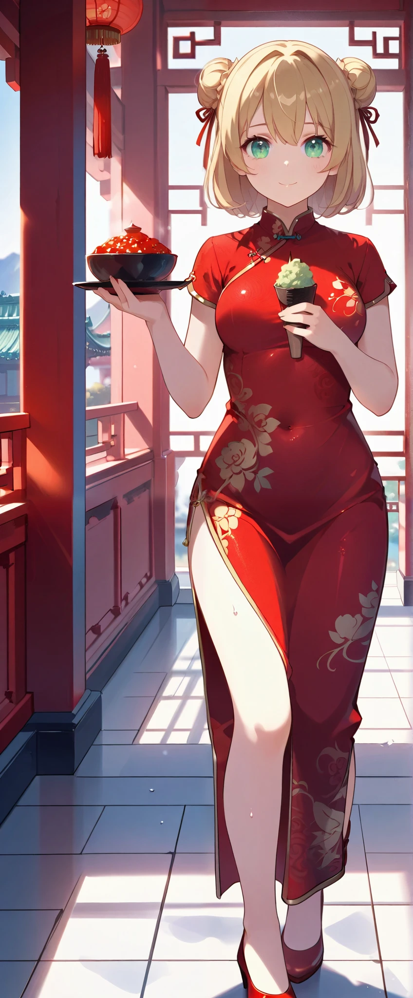 (beautiful girl:1.3),1girl,masterpiece,Ultra-high resolution, rich contrasts,Very high quality,8k,very detailed CG unit wallpaper,Texture,So ridiculous,RAW Photos,Highest quality anime,Depth of written boundary,ultra-detailed eyes,Glowing Skin,Glitter Effect,Beautiful glossy lips,score_9, score_8_up, score_7_up, source_anime, Ashley Graham, 1girl, blond, Alone,(medium-violet-red色のChina dress:1.5),Chinese restaurant,((Carrying food), steam ,sweat,busy,raised eyebrows,smile, open sailor suit