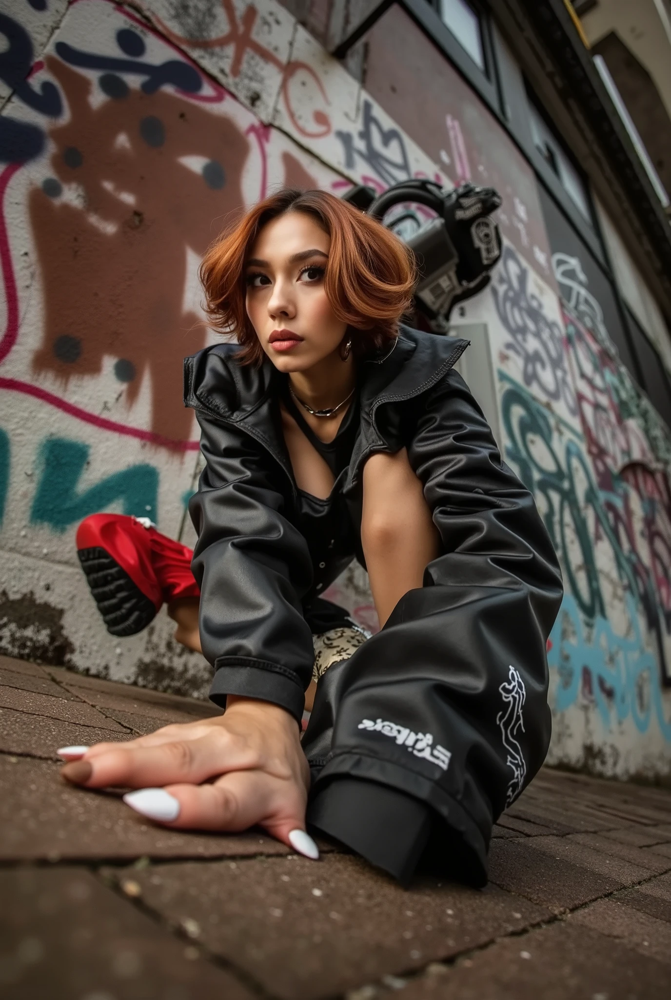 A hot urban girl in dynamic pose. Grunge wall grafitti background. Dynamic Angle. ((cinematic lighting)).