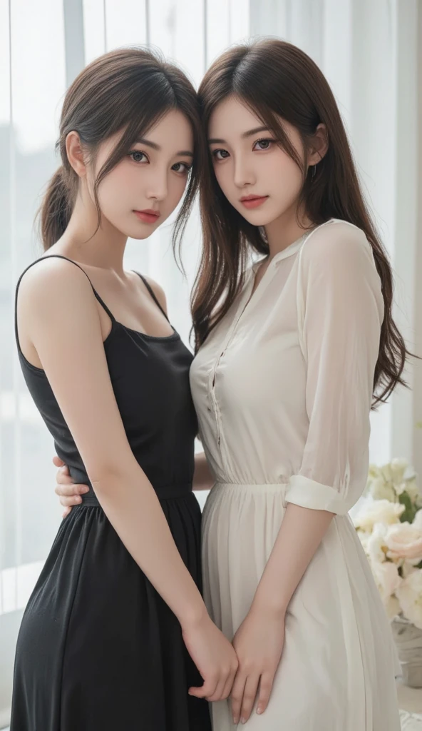 (Two Chinese stars with the style of royal sisters,duo,caressing the,Kissing), ((Best quality, 8K, Masterpiece: 1.3)), Focus: 1.2, Perfect body beauty: 1.4 , (funny expression), (Night Street: 1.3), Highly detailed face and skin texture, Fine eyes, Double eyelids, Whitens the skin, (Air bangs: 1.3), (face round: 1.5), (Thin strap top: 1.4),