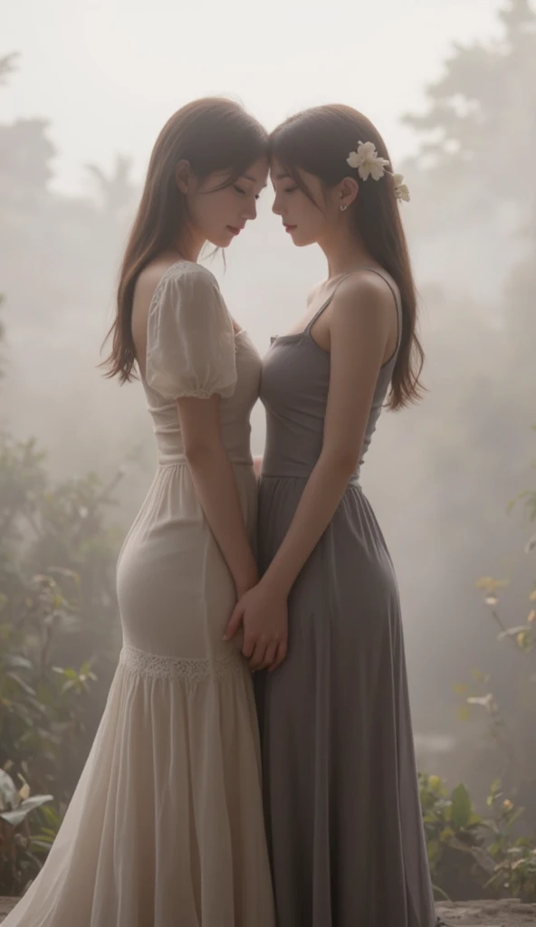 Two women stand side by side in a position where they seem to touch ...