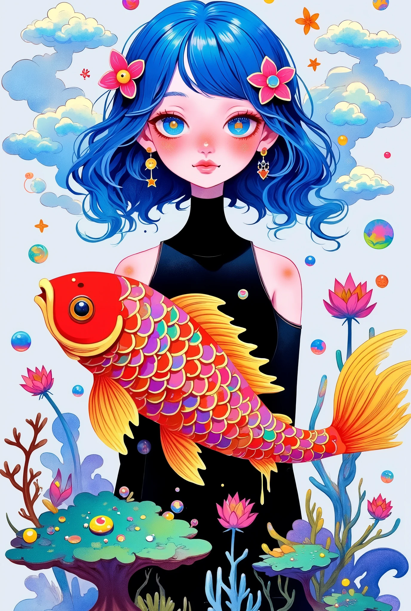 portrait， big round eyes 。 blue hair。 black clothes。Holding a koi，fish🐟，Colored coral。Flowers。 Simple and clean background 。blue clouds 。Color bubbles。Layered Art