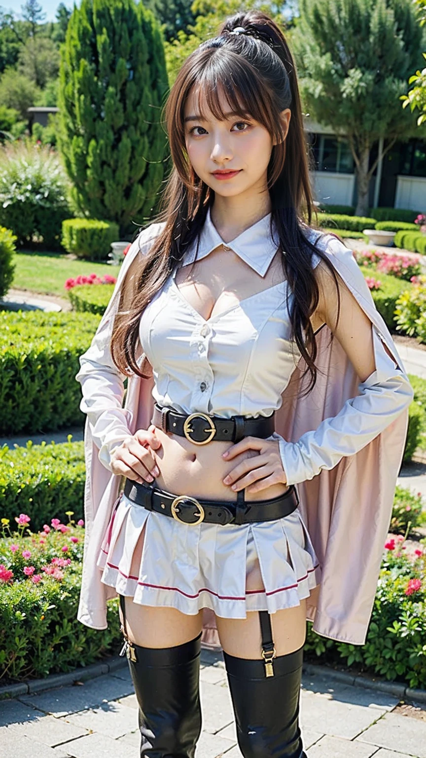 photorealistic, dynamic pose, shot from the ground, high details, 1girl, delicate face, pale skin, red eyeliner, skinny body, (butterfly headband):1.2, (long white hair with full bangs):1.2, ((modern kimono, huge rope belt, (torn red linen short shorts with open sides), (black linen thigh highs)):1.2), panty visible, (small waist):1.3, ((wide thigh gap):1.3, (wide thighs):1.2), masterpiece