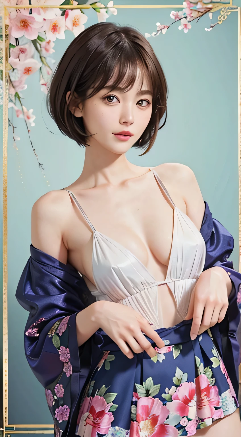 (Ultra detailed backgrounds、detailedbackground)、Abstract、Hi-Res、ultra-detailliert、ighly detailed、1womanl、(Floral clothing)、(Zentangle:1.2)、(fractals:1.2)、(colourfull)、(A dark-haired、Very - Shorthair:1.3)、Smile Splash、((breast))