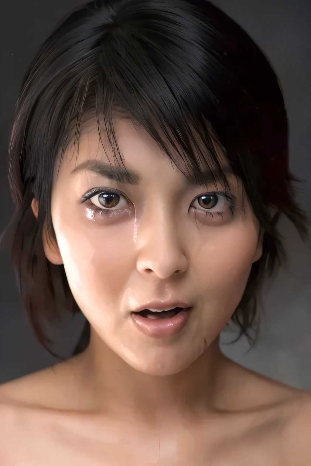 masterpiece, best quality , Original photo, Ultra Details, Finely Details, high resolution, 8k wallpaper, perfect dynamic configuration, beautiful eyes, Fair and beautiful skin,Deep-set eyelids, no makeup, wet lips,45 years old,Naked Woman, crying expression,Sexy shot of her opening her mouth and staring blankly at the hollow, Bust Up, I'm bathed in a large amount of thick all over my face