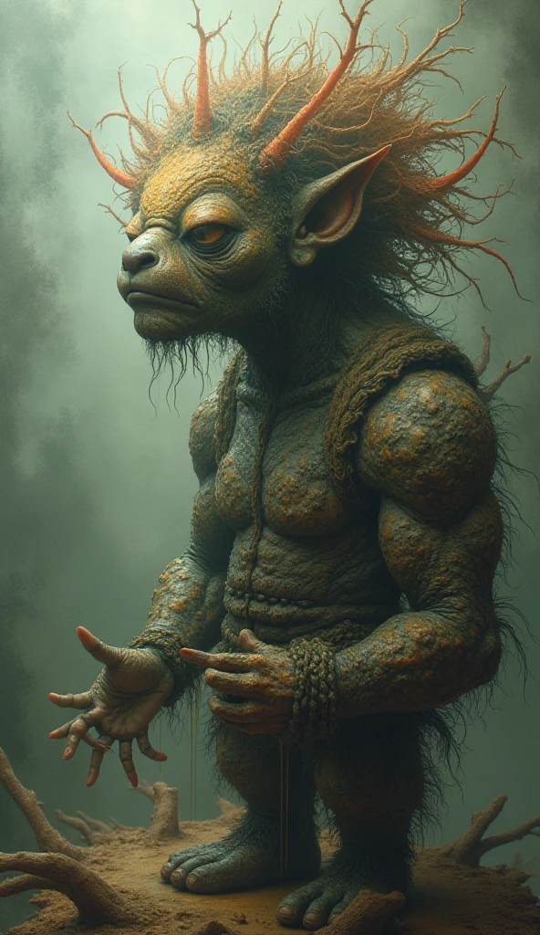 goblin,powerfull, prominent belly, bulged belly, swollen belly, muscular, tall, pointed ears, sitting