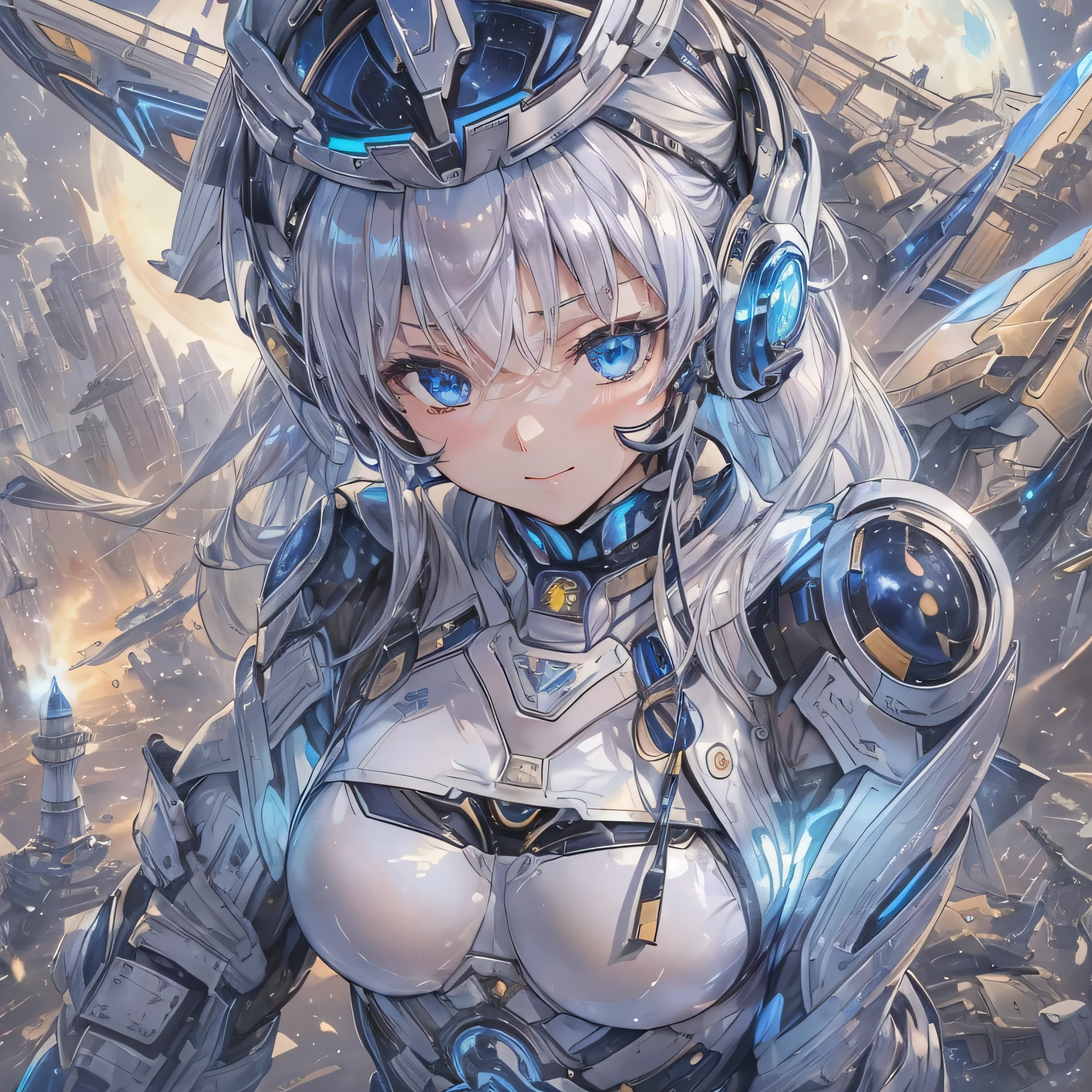 (masterpiece、highest quality、Highest Resolution、Clear_image、Detailed details、Angle from above): (Whole body、One 20 year old girl、Japanese Faces、Small Face、Slender、Navy blue super short bob cut hair、(Hidden small breasts:1.3)、Sparkling blue eyes、Shiny pilot suit in blue and black colors、Chest protection armor、Tight fitting clothes、Clothing that covers the whole body、Glamorous clothes、Tight Fit Pants、Hide your skin、Very delicate and beautiful、Detailed Skin、hide thighs、Hide your ass、Cute、A gentle smile、Soft expression、heroine、headset、Knee-high boots、Elbow-length gloves、Eye Level Shot、Face directly、Woman on a spaceship)