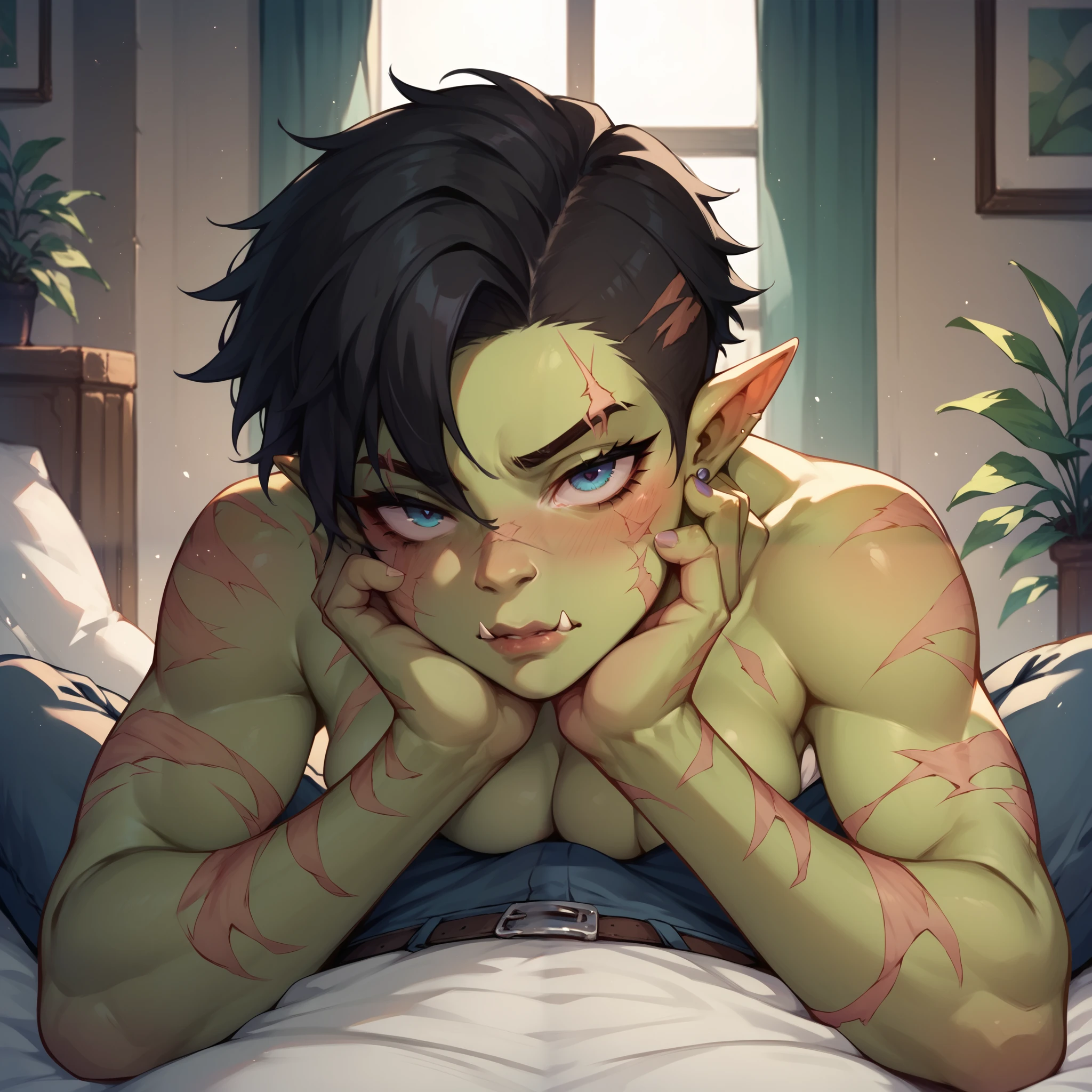 a tomboy orc. she has green skin and blue eyes with black hair. she is naked and has scars all over her body. she has no love in her eyes as they bags under them and looks depressed. she straddles you while you lay in a castle bedroom. POV