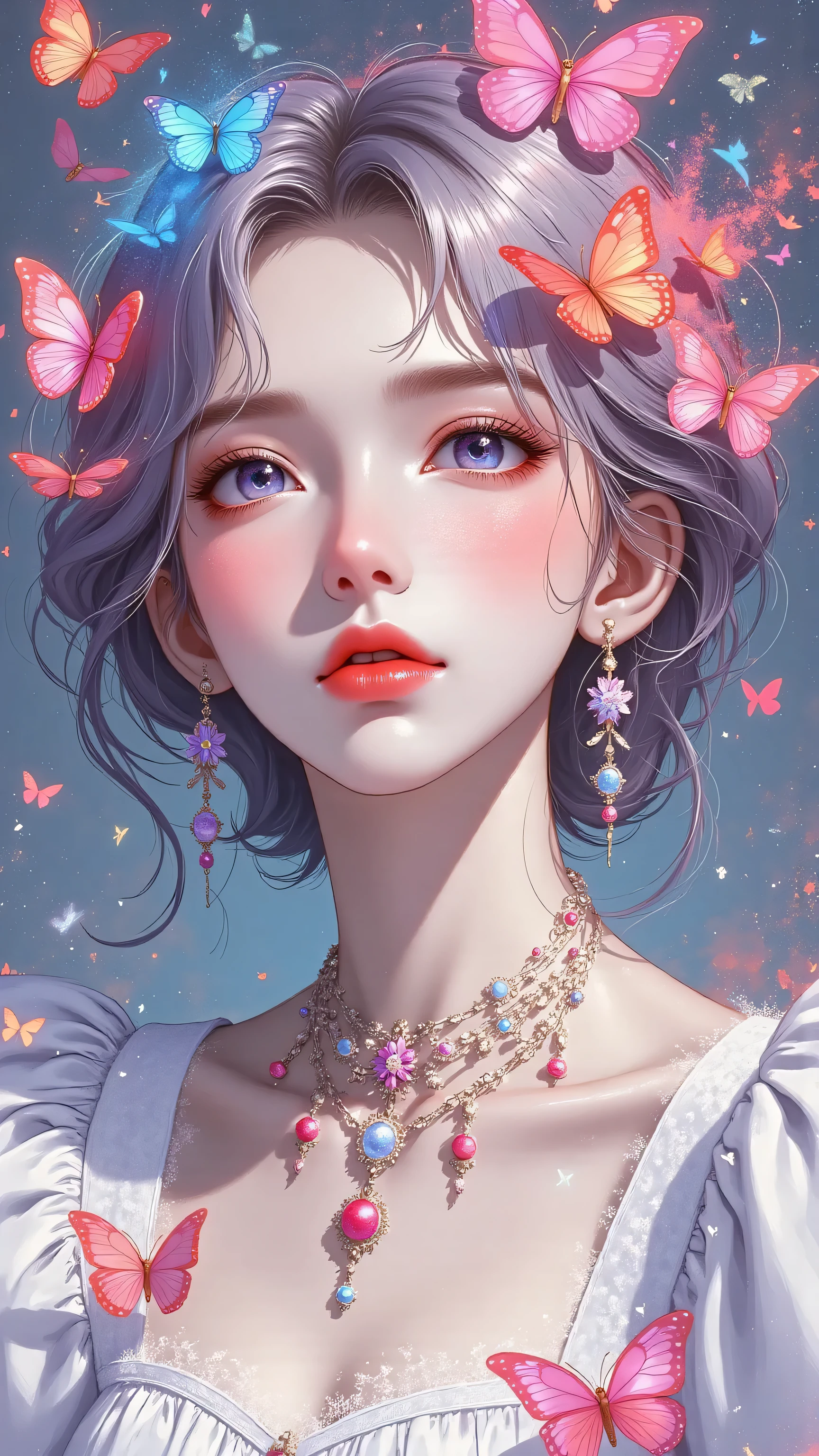 Expressionist artwork image of a single head, face, korean woman, colorful, color splash, neon colors, butterflies, make it weird and gallery worthy