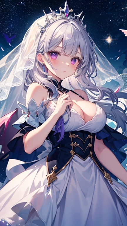 Silver Hair，Butterfly，Long white hair，White Wedding Dress，8k wallpaper，Detailed background，Maximum resolution，Deep V Big，hair covering one eye，Strapless wedding dress，Chis，White Rose，Tight