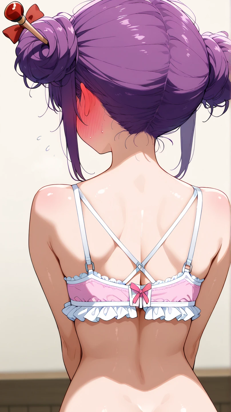pieces fly、highest quality、High resolution、nffsw、perfect pixel、1 girl、cute、perfect body、anatomically correct、beautiful eyelashes, realistic eyes、smile、((Clear pink heart pattern bra))、((Clear pink heart pattern pants))、wearing only underwear、smooth texture:0.75、outdoor blue sky、I can see your pants、I can see your bra、Bright overall、cinematic light、black hair、brown eyes、angle from behind、Turn your buttocks towards you、ponytail