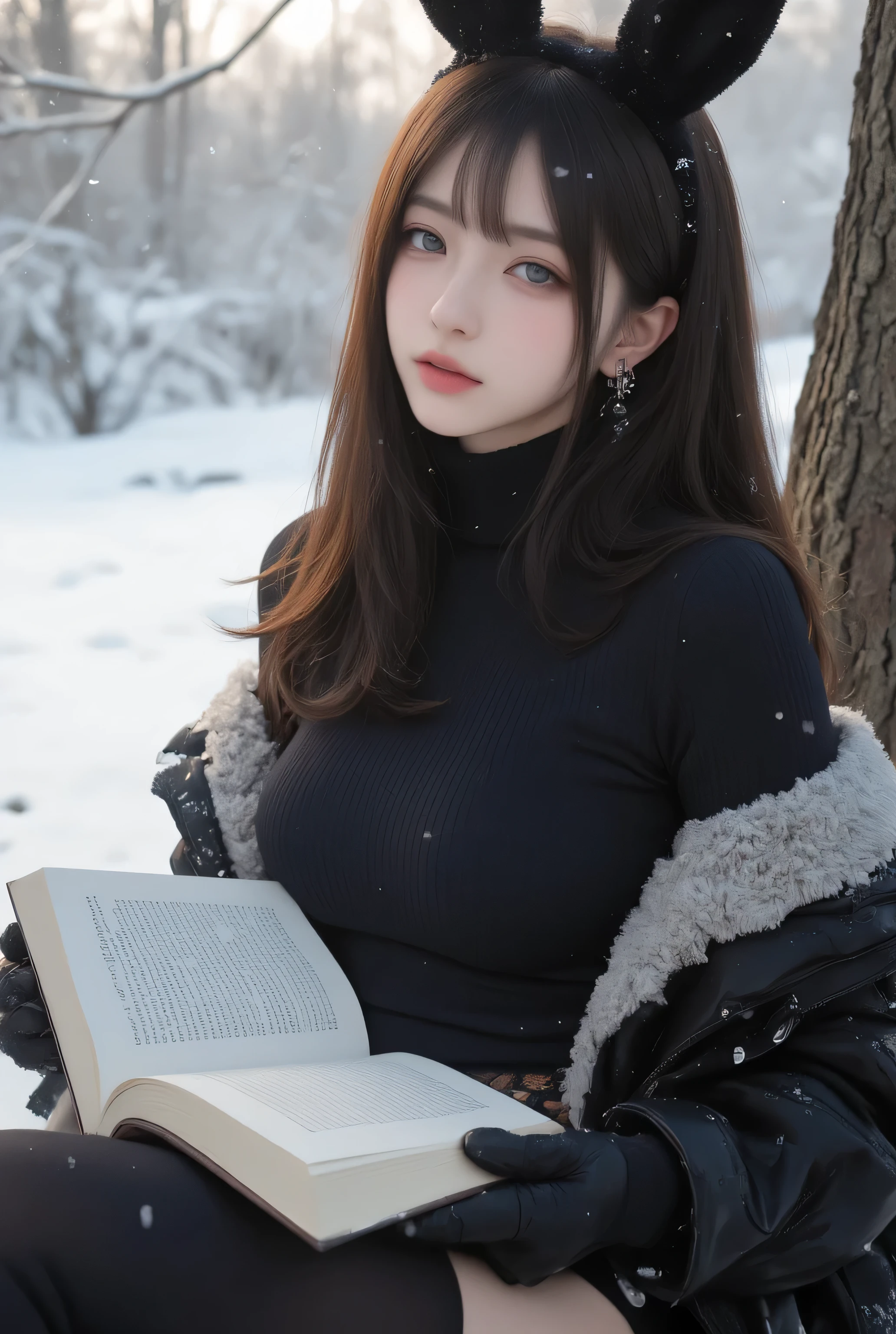 16k, ((Masterpiece)), ((Top quality)), ( Ultra-fine), professional photography, Beautiful Details, ((( Surreal))), (( high-definition clear focus :1.5)), natural light and book pages softly receiving light ( cool snowscapes and quiet atmosphere from reading ), Winter elements (Vast snow fields、tree々Snow Piling Up on 、 falling snow), beautiful face 21-year-old idol ,Japanese Woman's Face , Japanese Facial Features , Beautiful Details Eyes , a girl , chest , Sitting Alone ( cowboy shot angle pose for reading with a book on your lap ), Animal ears ( rabbit ears), thighhighs(black) gloves(Black gloves with elbows up to the elbows ) leotard(Winter design that gives an intellectual impression ), costumes with large blond hair, staring at viewers, gentle and focused smiles, playboy bunny style, but chokers with winter fur and book motifs, simple patterned design, sparkling clothes that reflect the shine on the book, showing off the shoulders, see-through, combined design lips, glossy lips, blurry background Snowy landscape and trees々 ), Outdoors