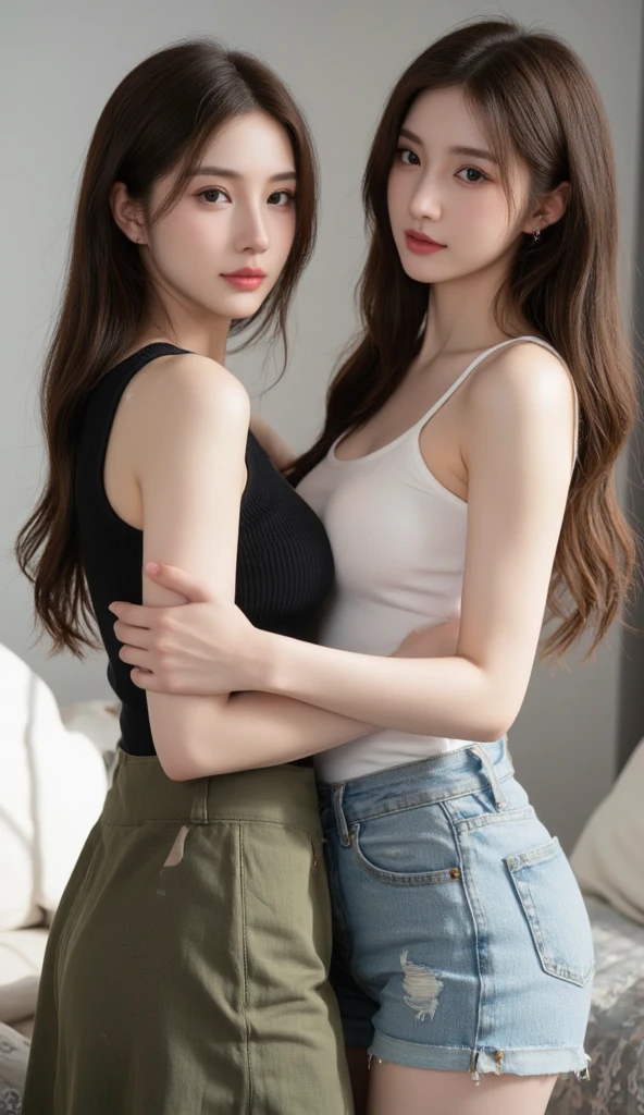 (ultra realistic, highly detailed:1.4), best quality, masterpiece
girl, two 18 yo. asian women, two girls sitting next to each other, androgynous, gray tank top and panties, bedhead, flat chest, sitting on the ground, ((longtorso, ltso):1.3), tall