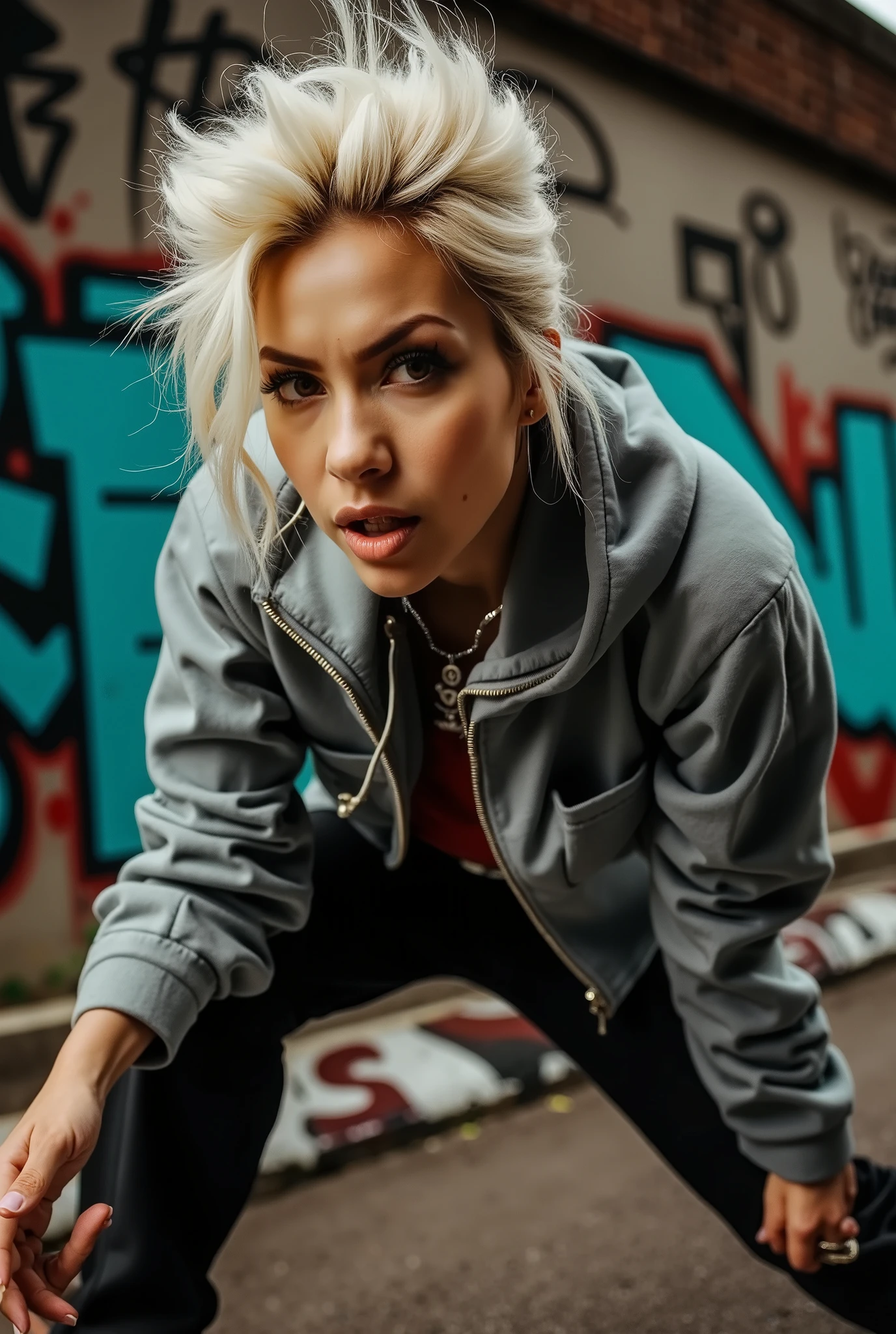 A hot urban girl in dynamic pose. Grunge wall grafitti background. Dynamic Angle. ((cinematic lighting)).