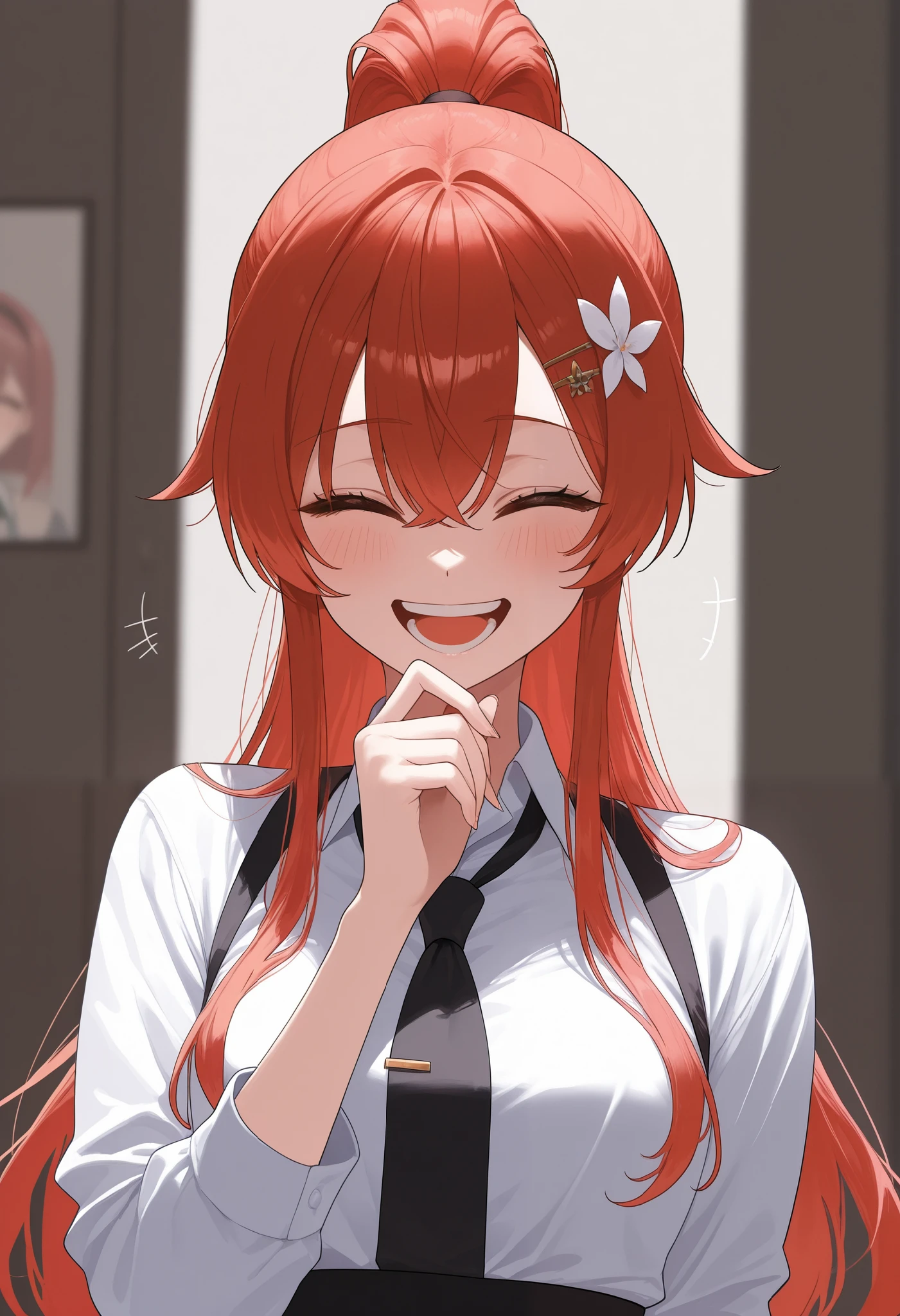 warrior、 tea hair、 long hair with a thin sword、 ponytail laughing at 、Tie